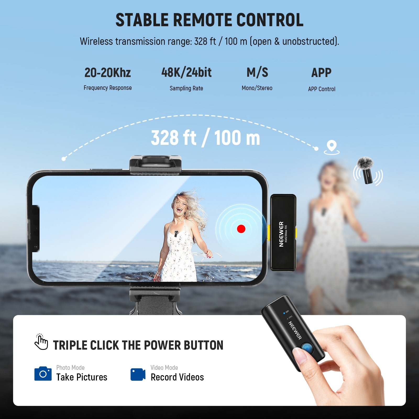 2.4G wireless technology ensures 328ft/100m transmission with 26ms low latency in open, unobstructed areas.