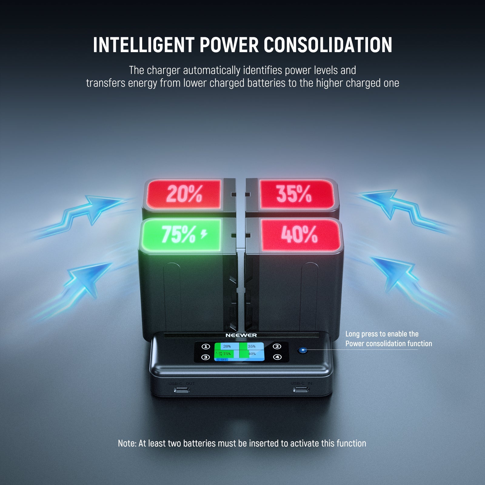 NEEWER NW-F4R 4 Channel Charger can ensure concentrated power in a single battery for critical moments.