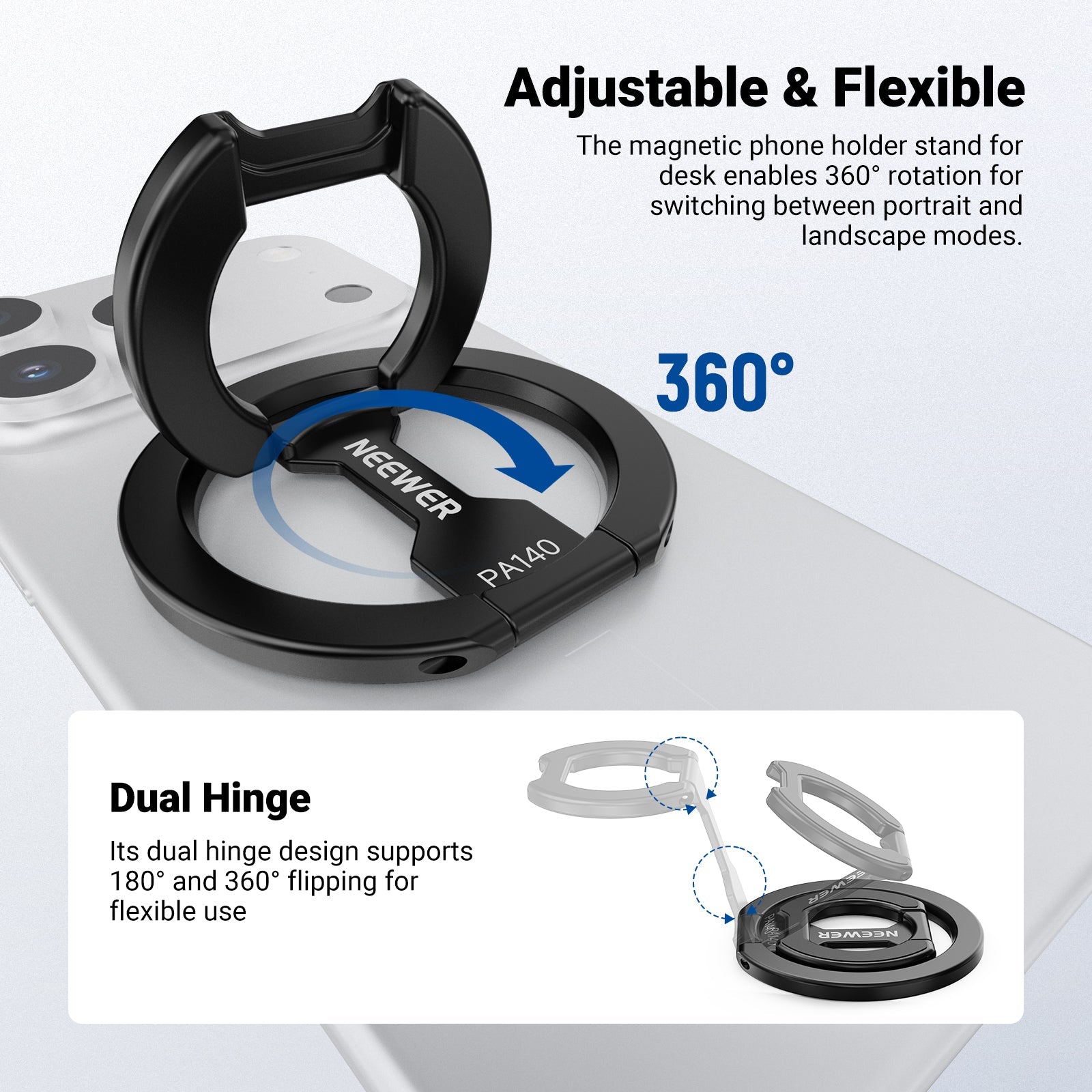 The magnetic phone holder stand for desk enables 360° rotation for switching between portrait and landscape modes.