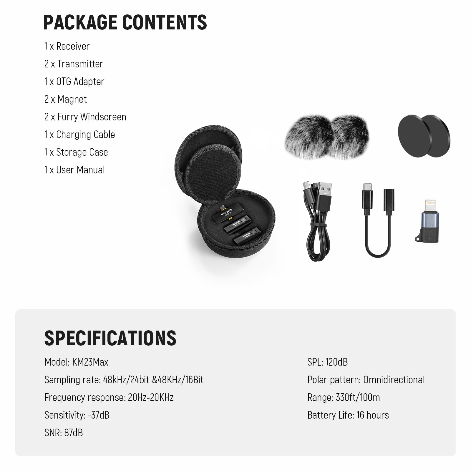This package includes a receiver, two transmitters, a DTG adapter, a charging cable, and more.