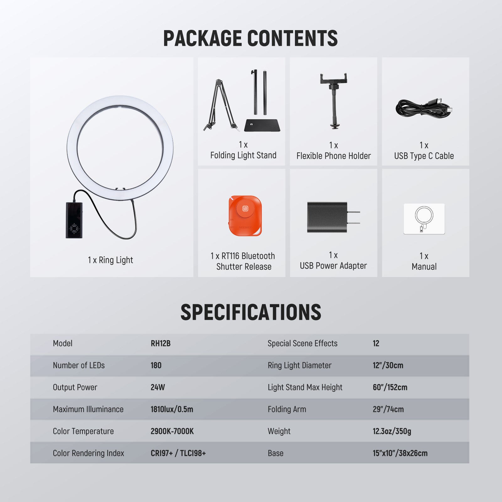 Specifications of the NEEWER RH12B LED Ring Light Kit