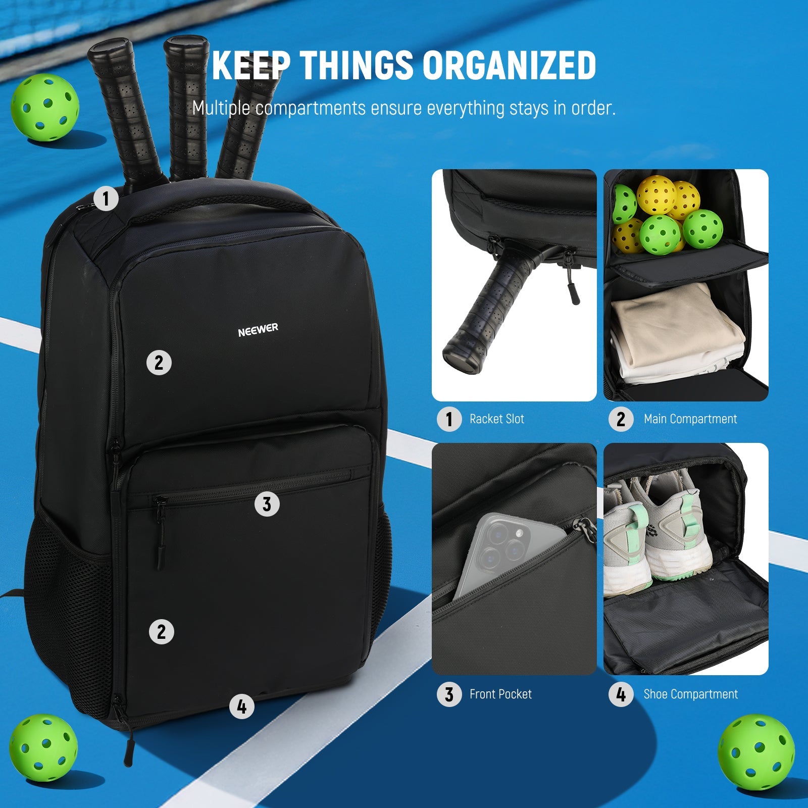 NEEWER PB01B Pickleball Backpack features multiple compartments.