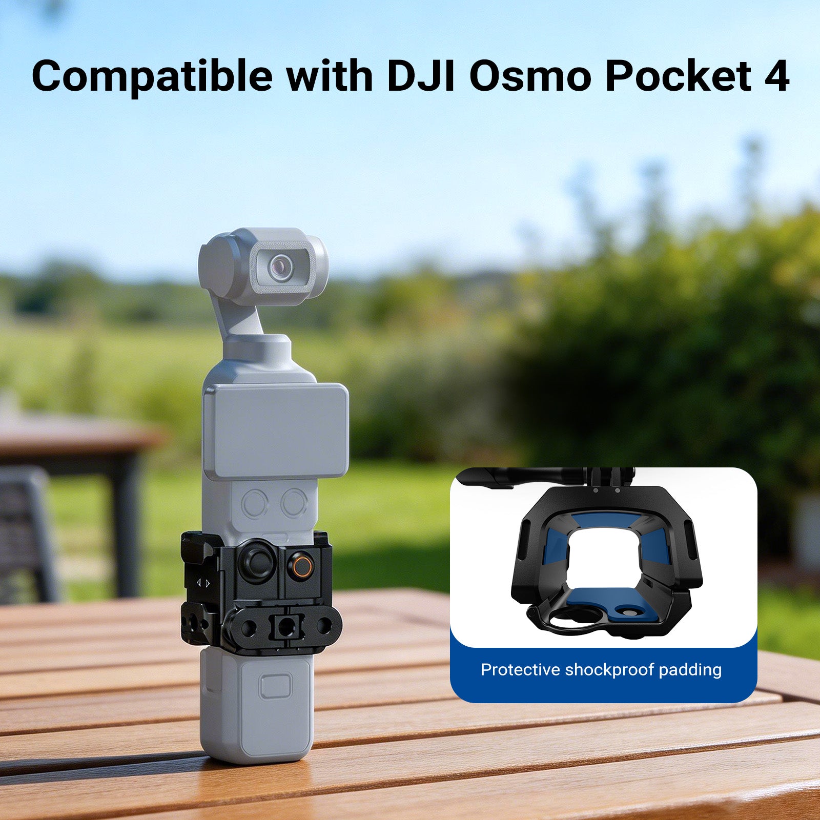 The DJI Osmo Pocket 4, equipped with a NEEWER protective cage, was placed on a wooden table outdoors.