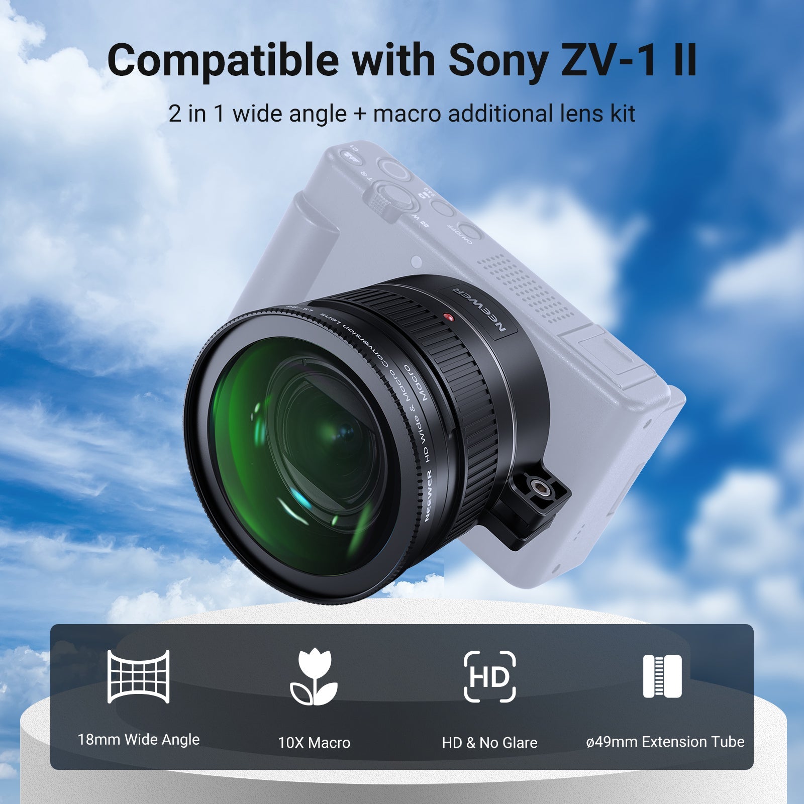 NEEWER LS-86 Wide Angle + Macro Lens kit is compatible with the Sony ZV-1 II