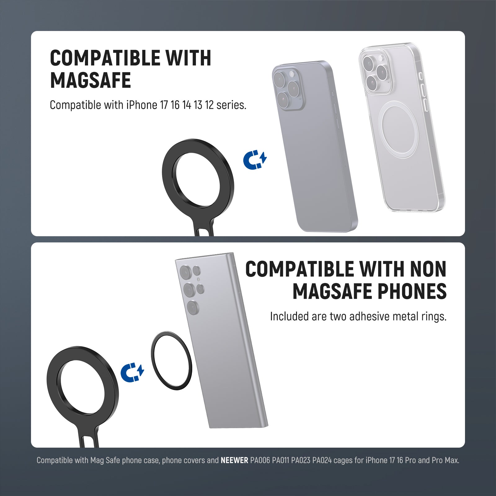 NEEWER DS029 Dual Magnetic Phone Holder Tripod Mount is compatible with MagSafe.