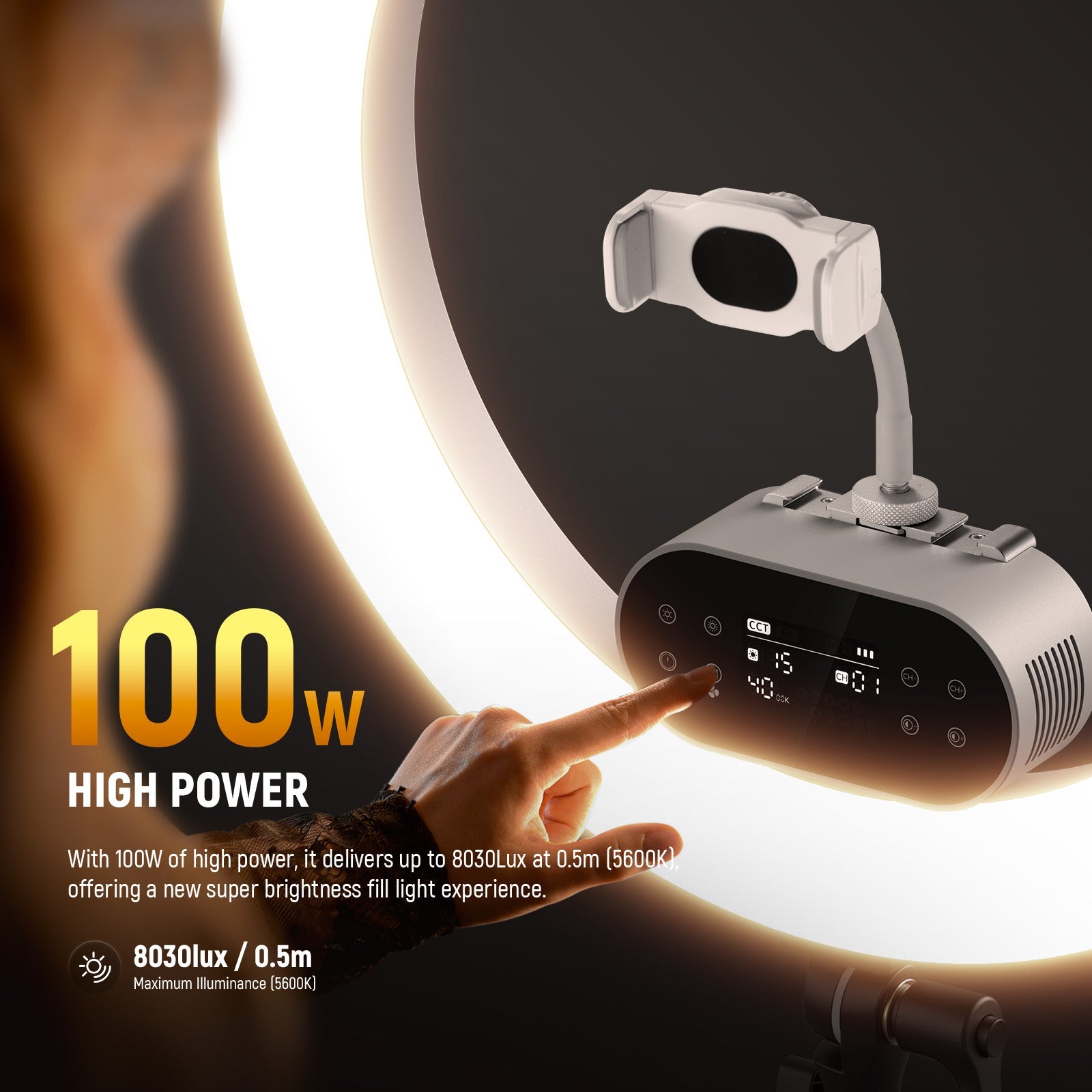 NEEWER RH100B LED Ring Light delivers up to 8030Lux at 0.5m.