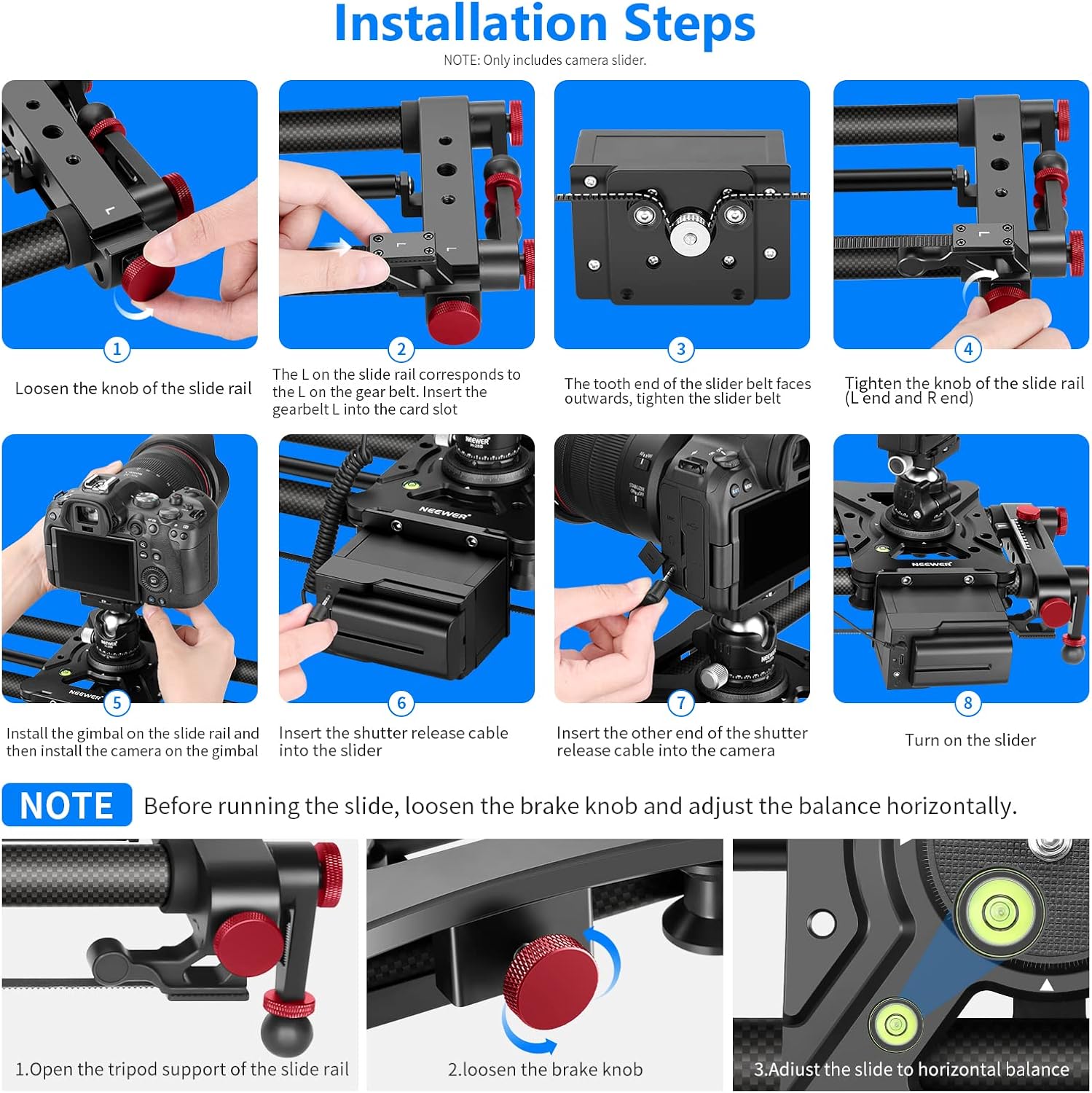 Installation steps of the NEEWER ER1 Motorized Camera Slider with NP-F750 Battery