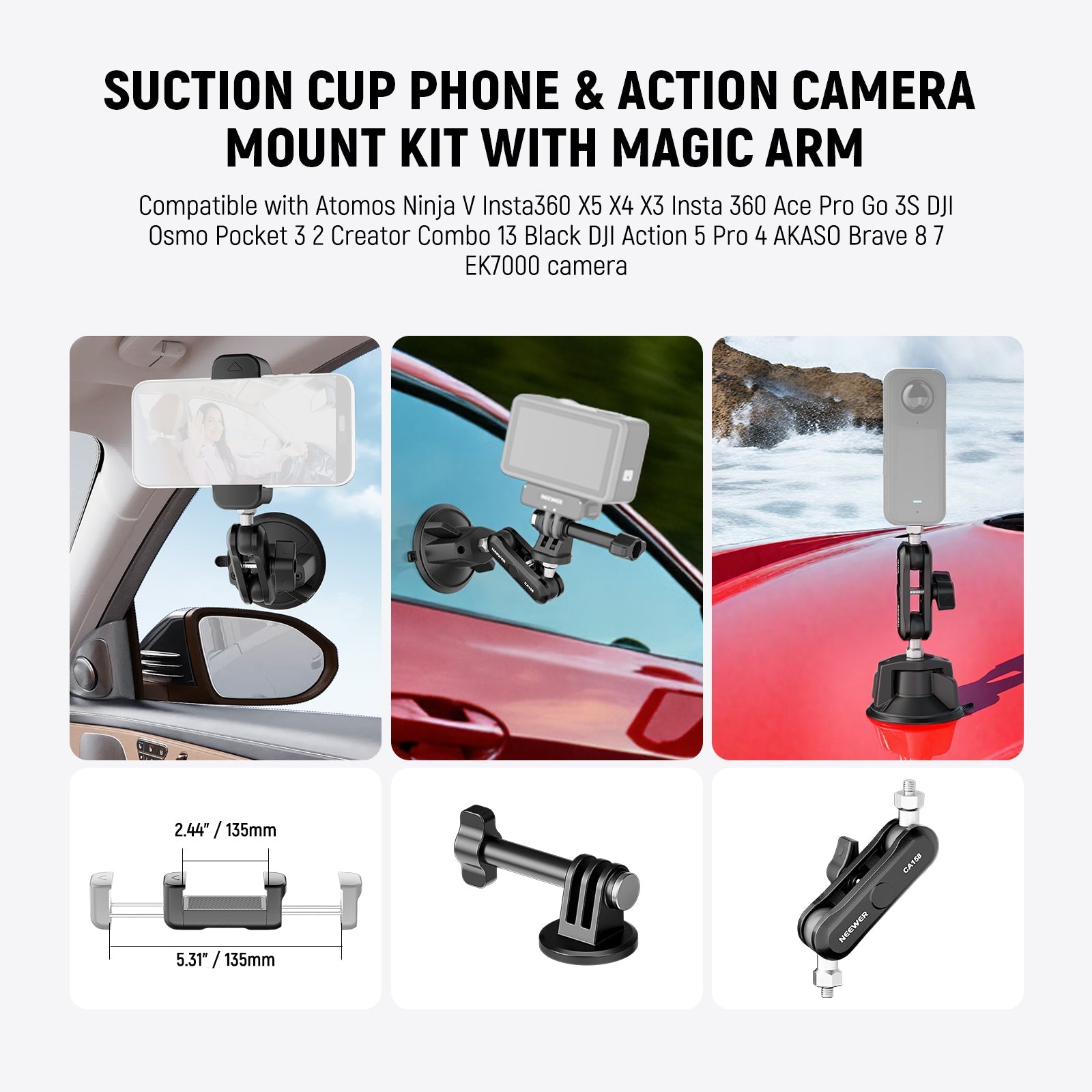 NEEWER CA158 Suction Cup Phone & Camera Mount Kit is used in the car, inside, outside, or dash.