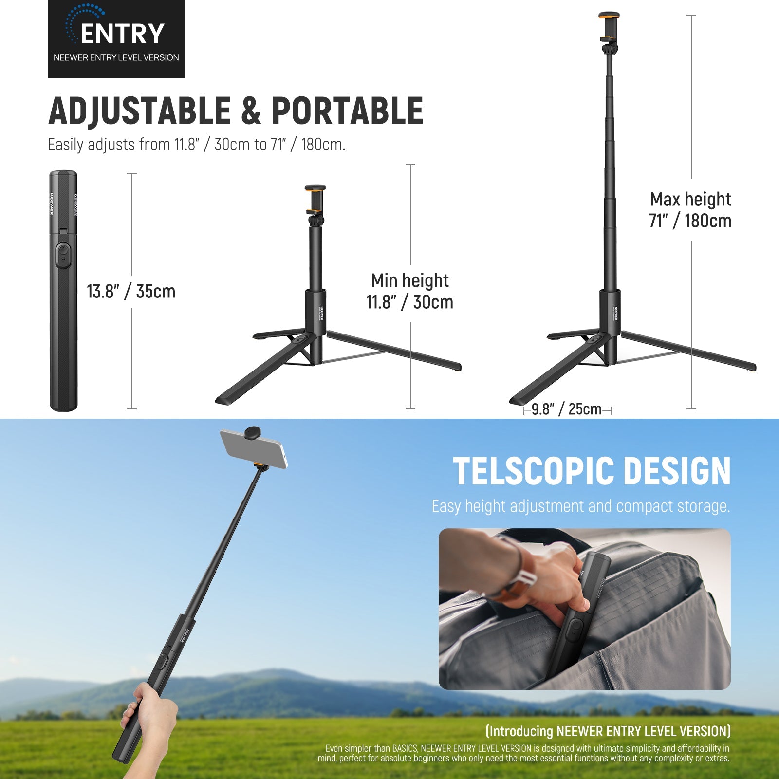 NEEWER PA988 Selfie Stick Tripod can be extended from 40-180cm.