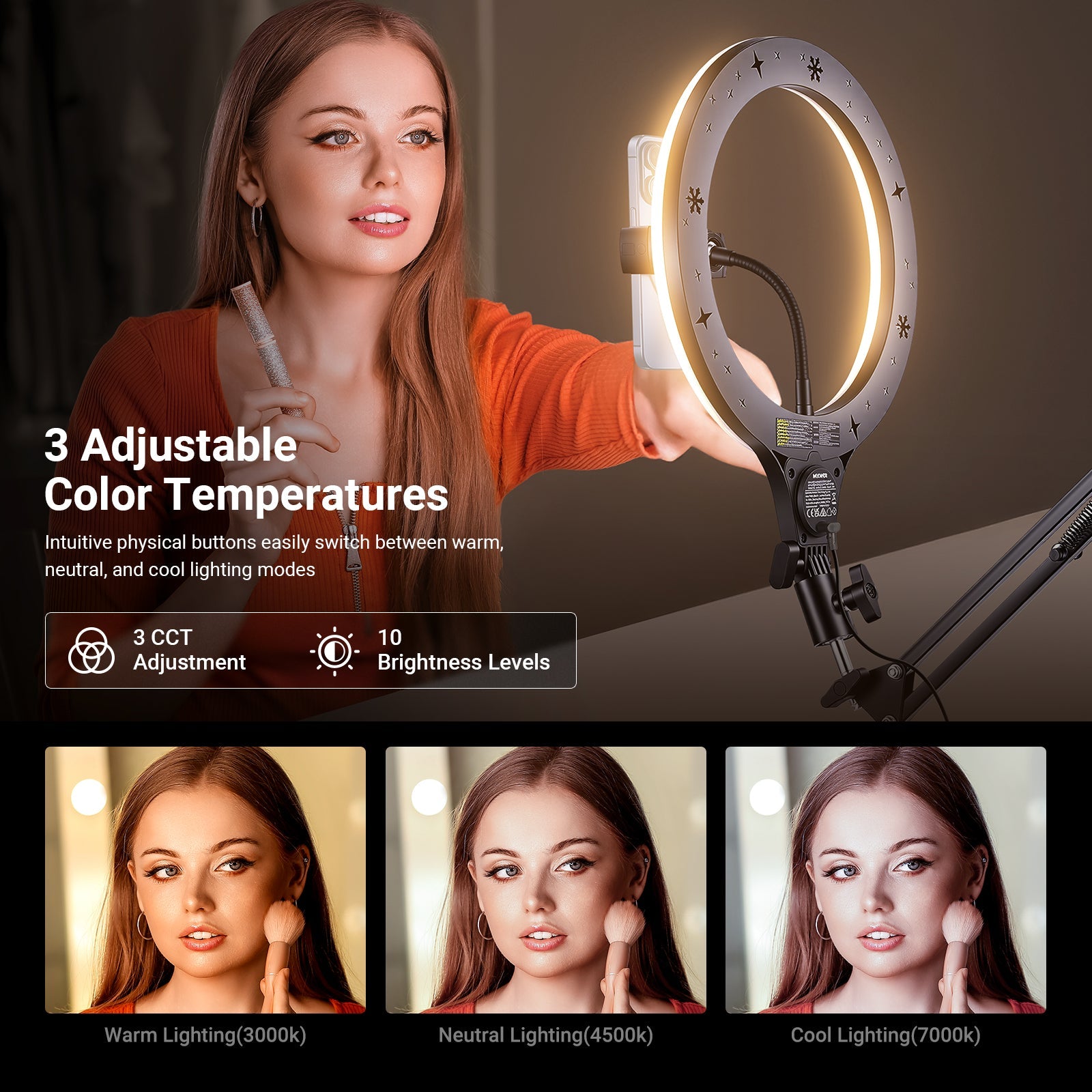 NEEWER N31 Desk Ring Light offers 3 adjustable color temperatures.
