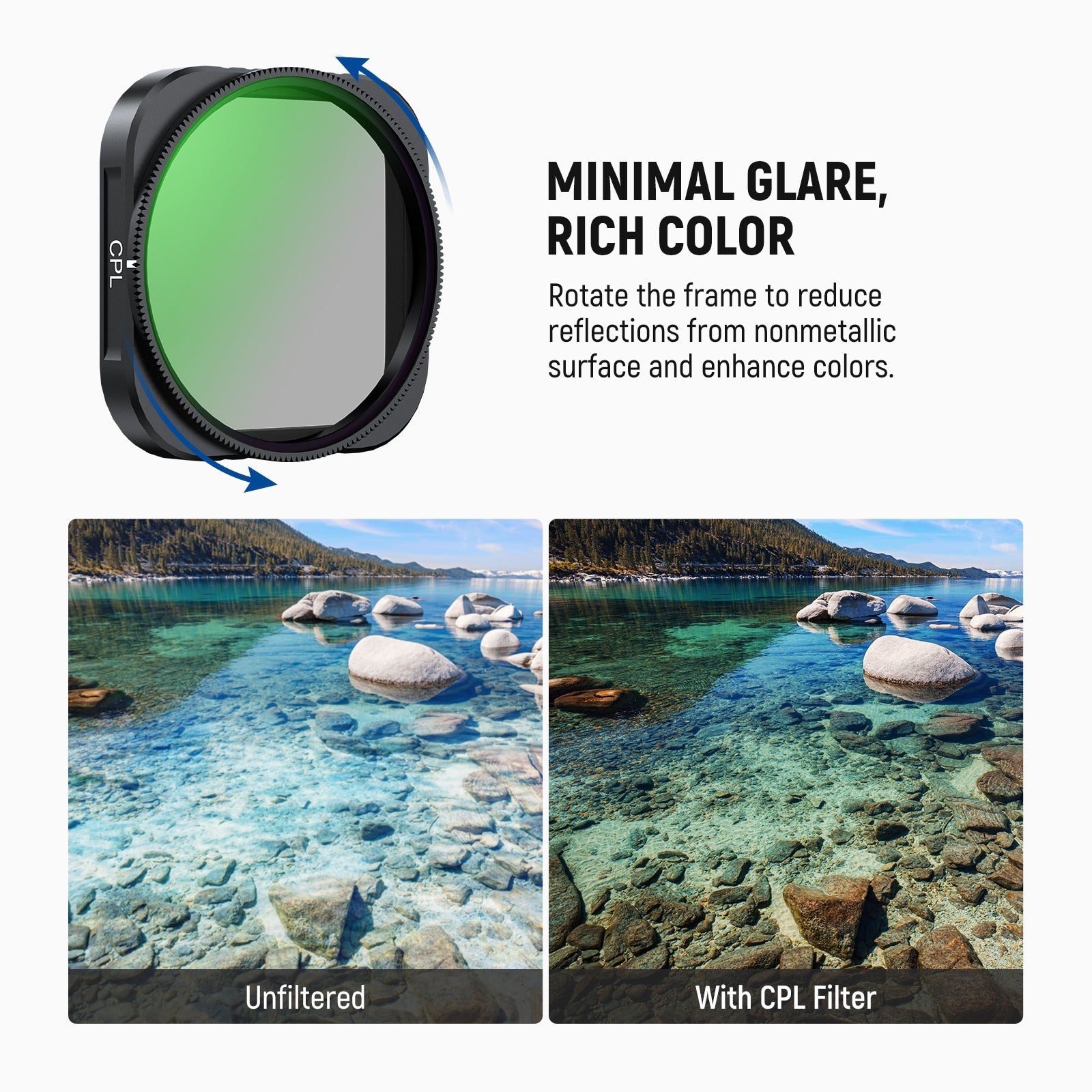 Rotate the circular polarizer filter to eliminate reflections from water