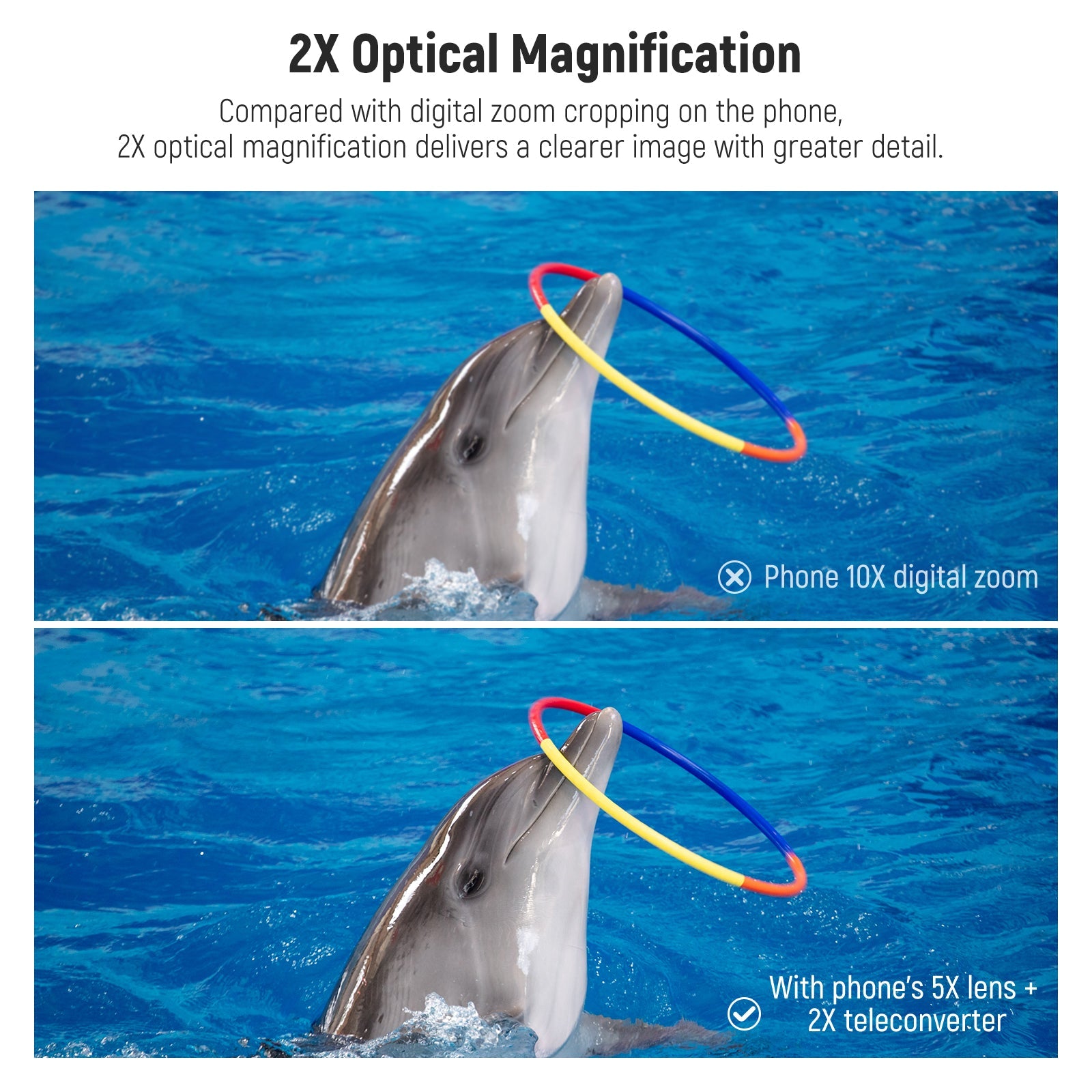 2X optical magnification delivers a clearer image with greater detail.