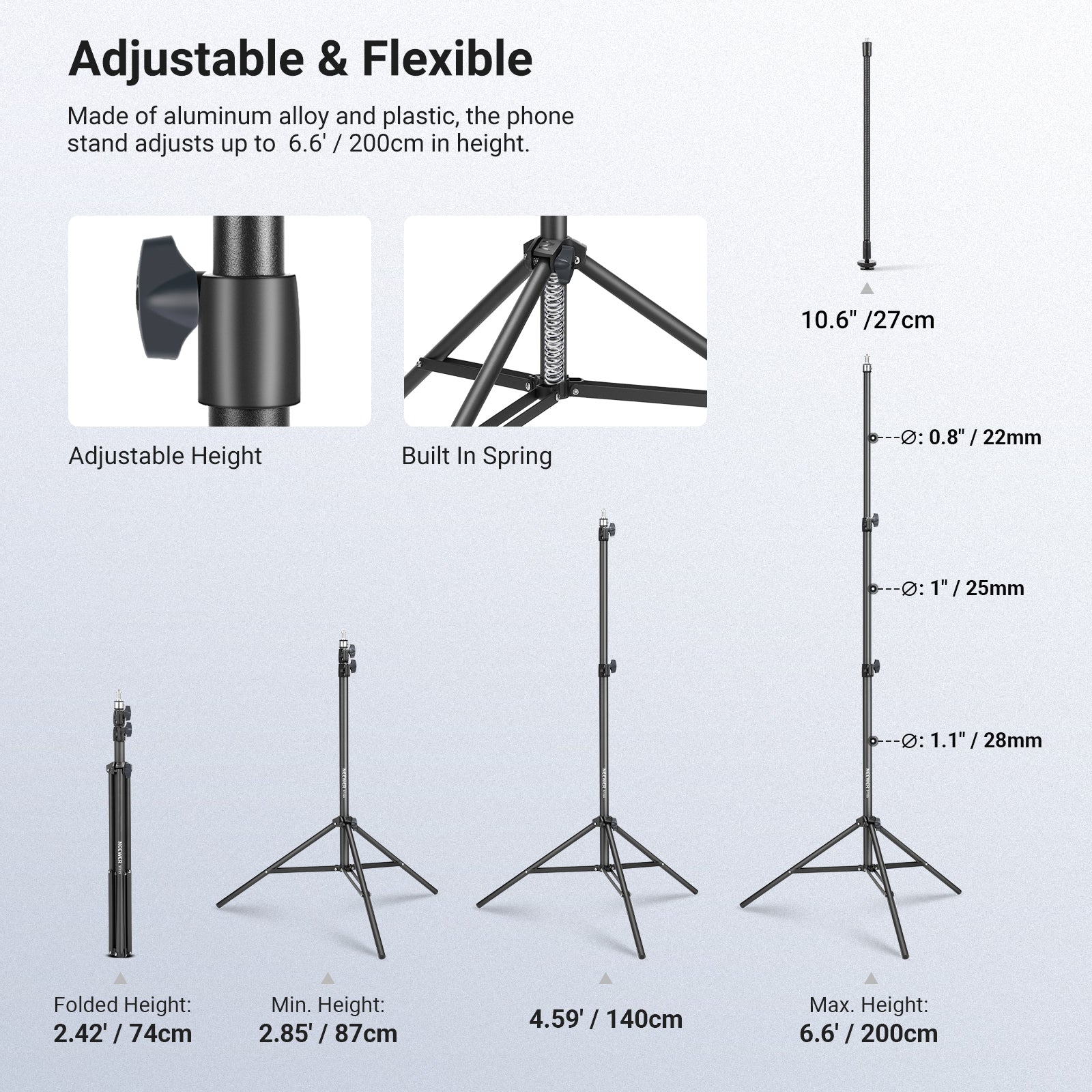 NEEWER ST015 Phone Tripod Stand adjusts from 74cm to 200cm.