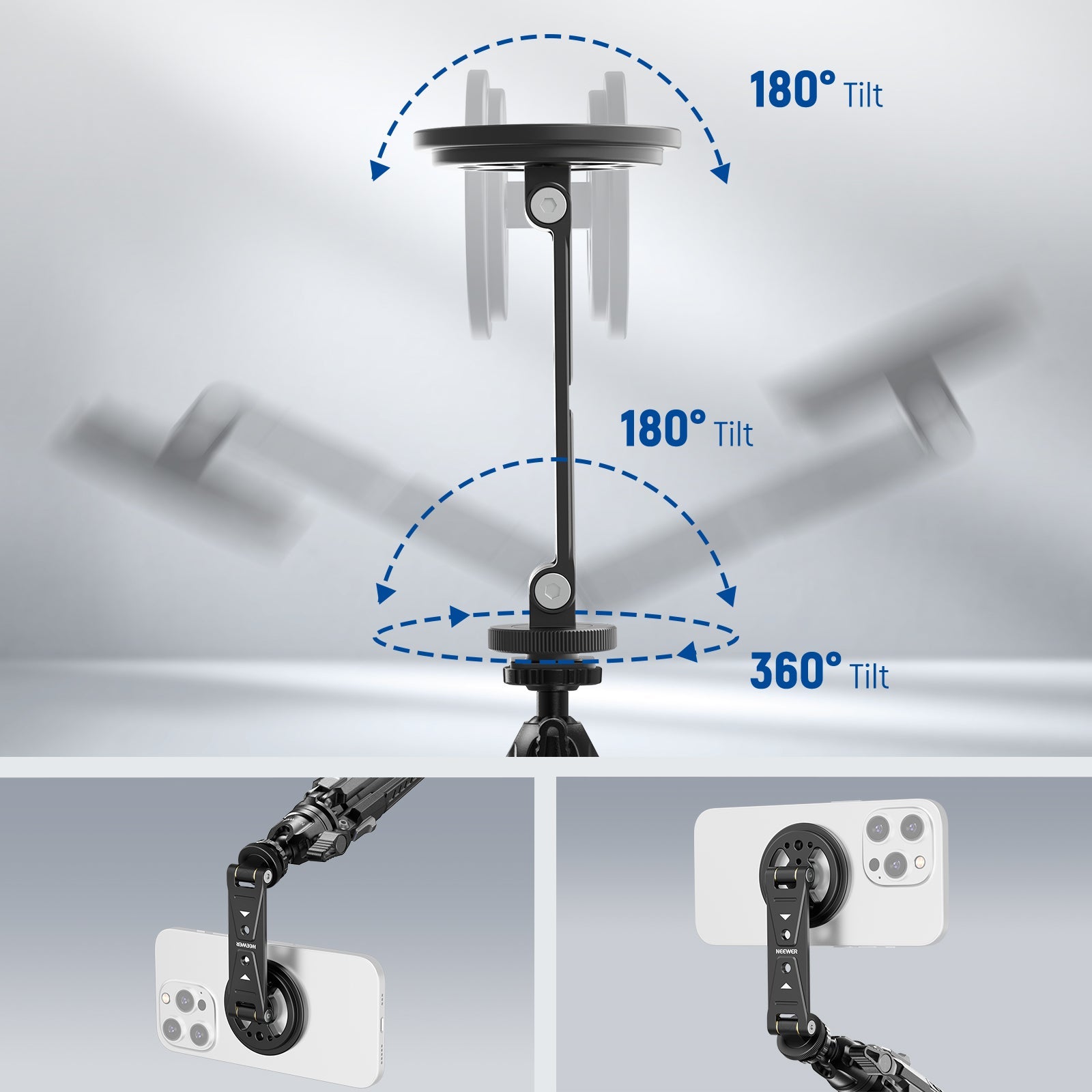 The cell phone tripod mount features a dual axis design, allowing for 360° rotation and 180° tilt.