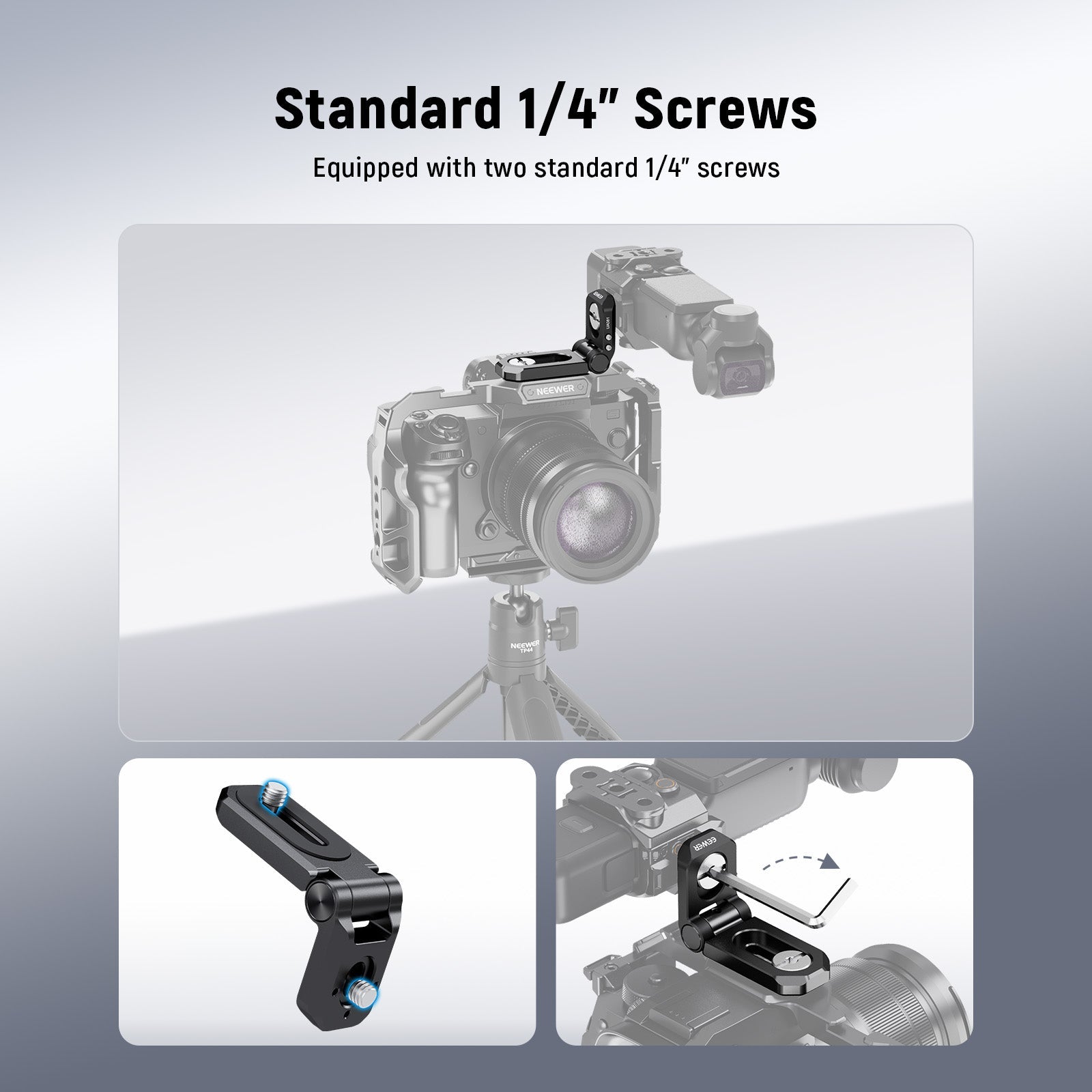 NEEWER UA081 Mini Foldable L Plate Accessory Mount is equipped with 2 1/4" screws.