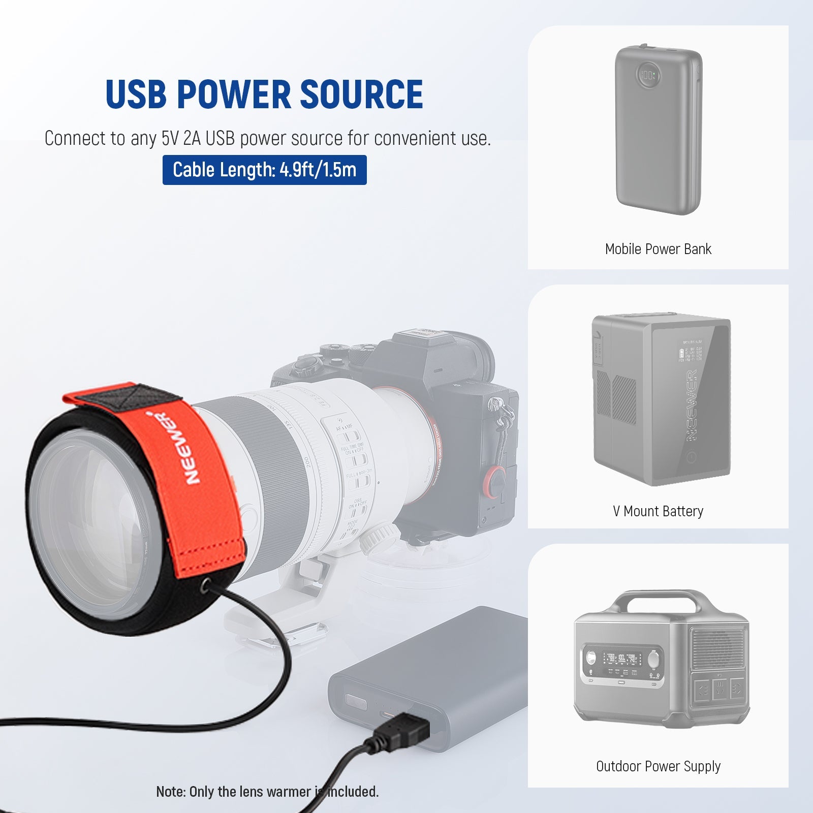 NEEWER HW-17B USB Lens Heater works with any 5V USB power source, such as portable chargers, laptops, or USB adapters.