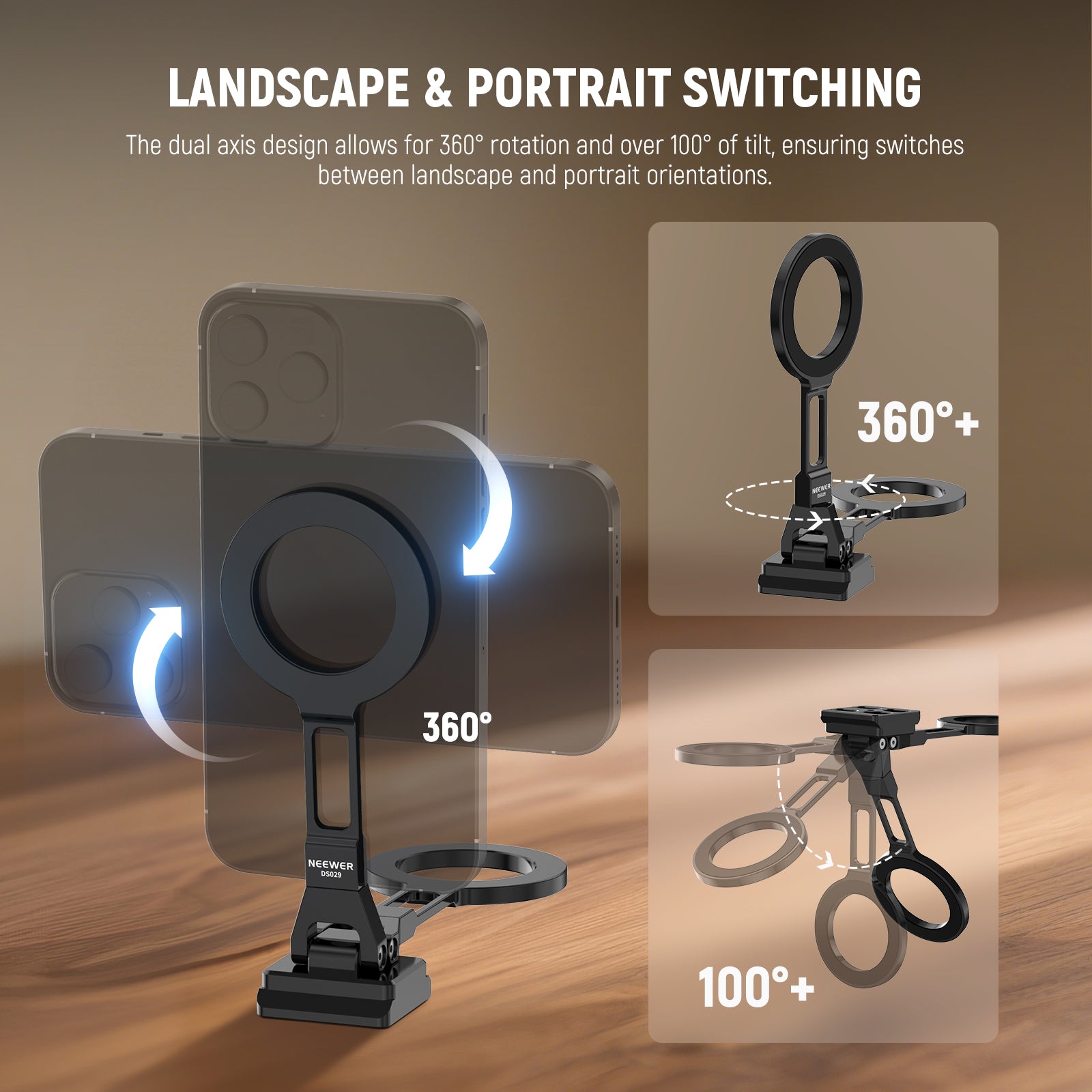 NEEWER DS029 Dual Magnetic Phone Holder Tripod Mount features the dual axis desgin, allowing for 360° rotation and 180° tilt.