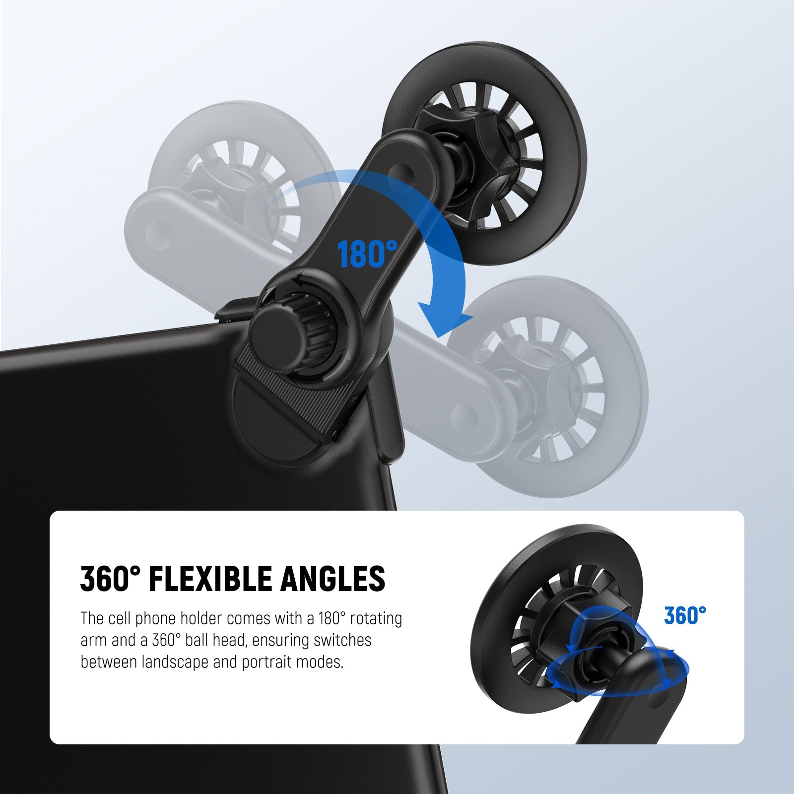 The cell phone holder car mount for POV video recording vlogging comes with a 180° rotating arm and a 360° ball head