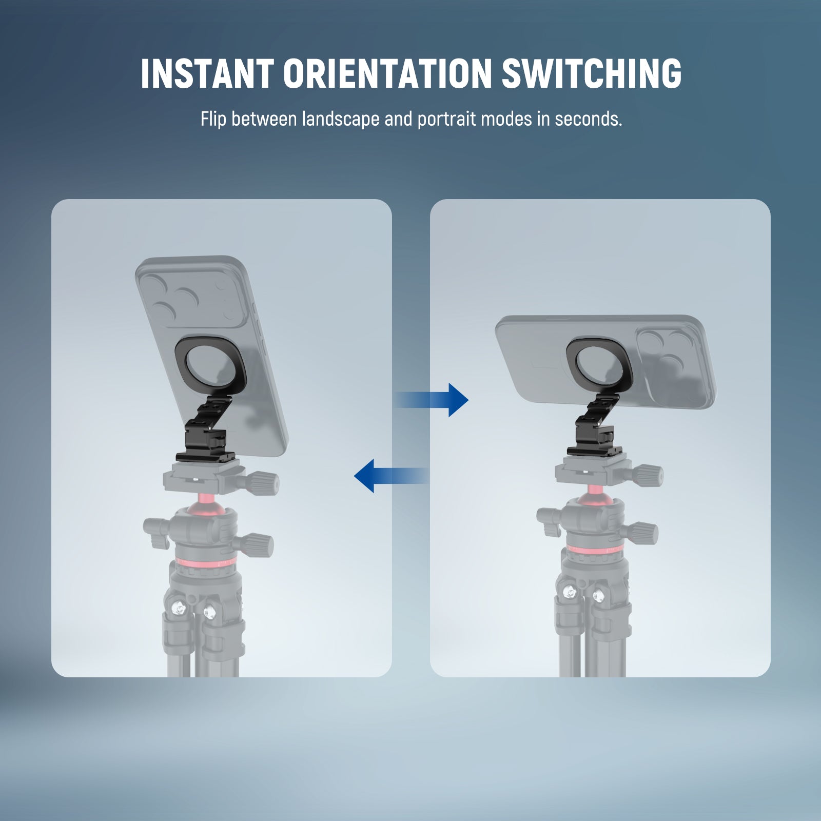 NEEWER DS028 Magnetic Smartphone Tripod Holder Adapter flips between landscape and portrait modes.