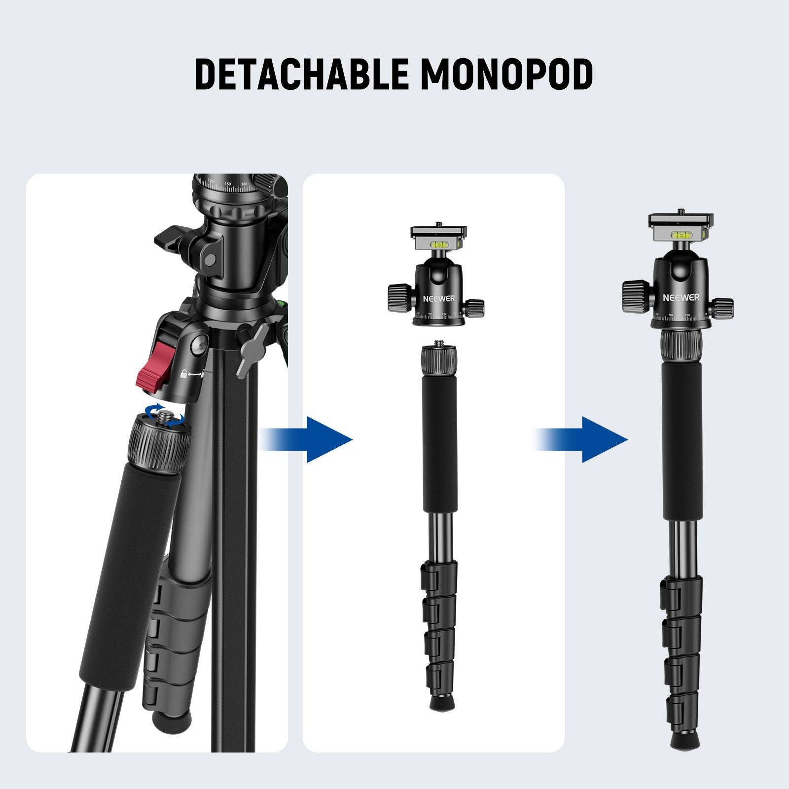 Easily detach one leg to convert the tripod into a monopod