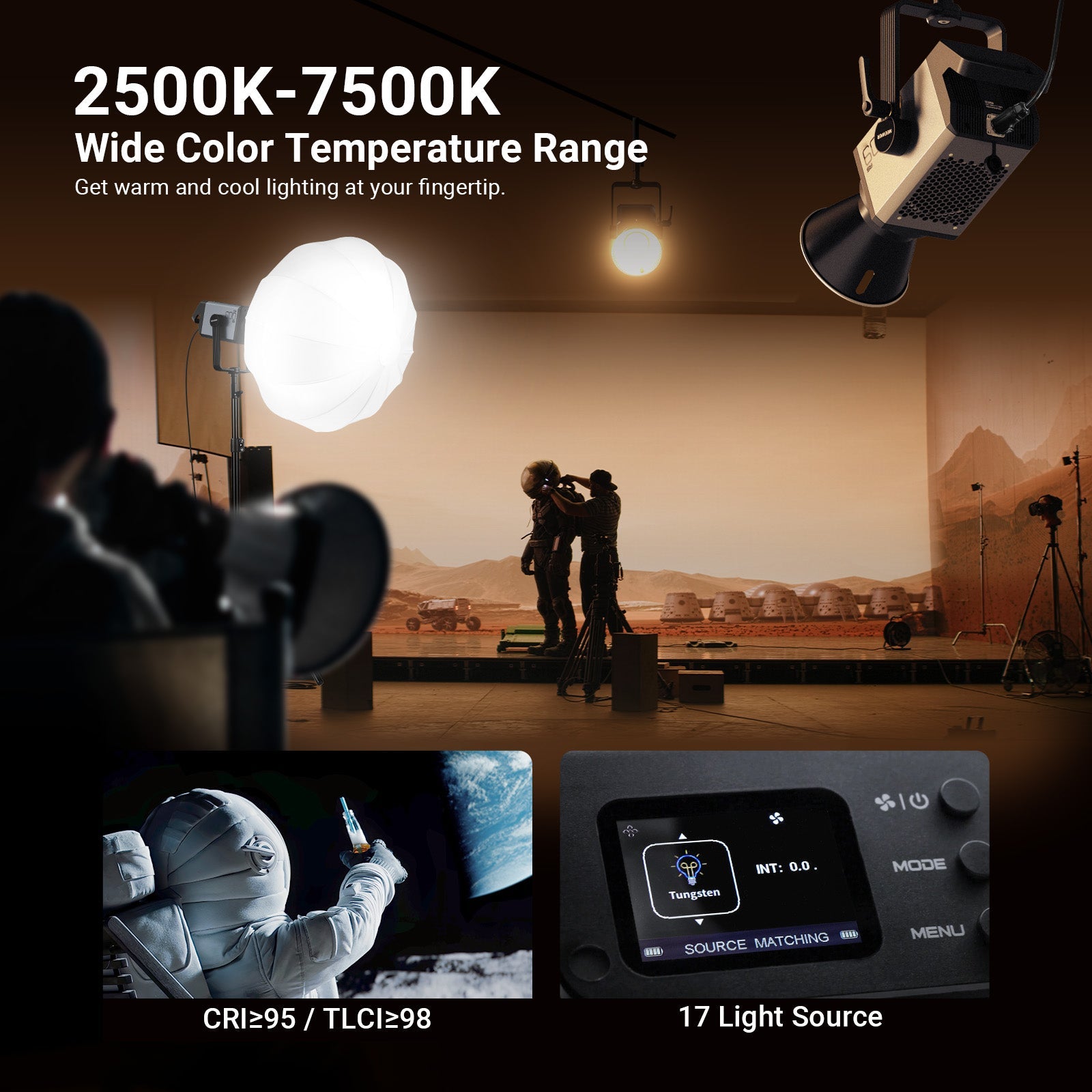 NEEWER AS600C RGB Video Light offers 36,000 full colors, 2500K-7500K with -50~50 GM tuning for precise correction.