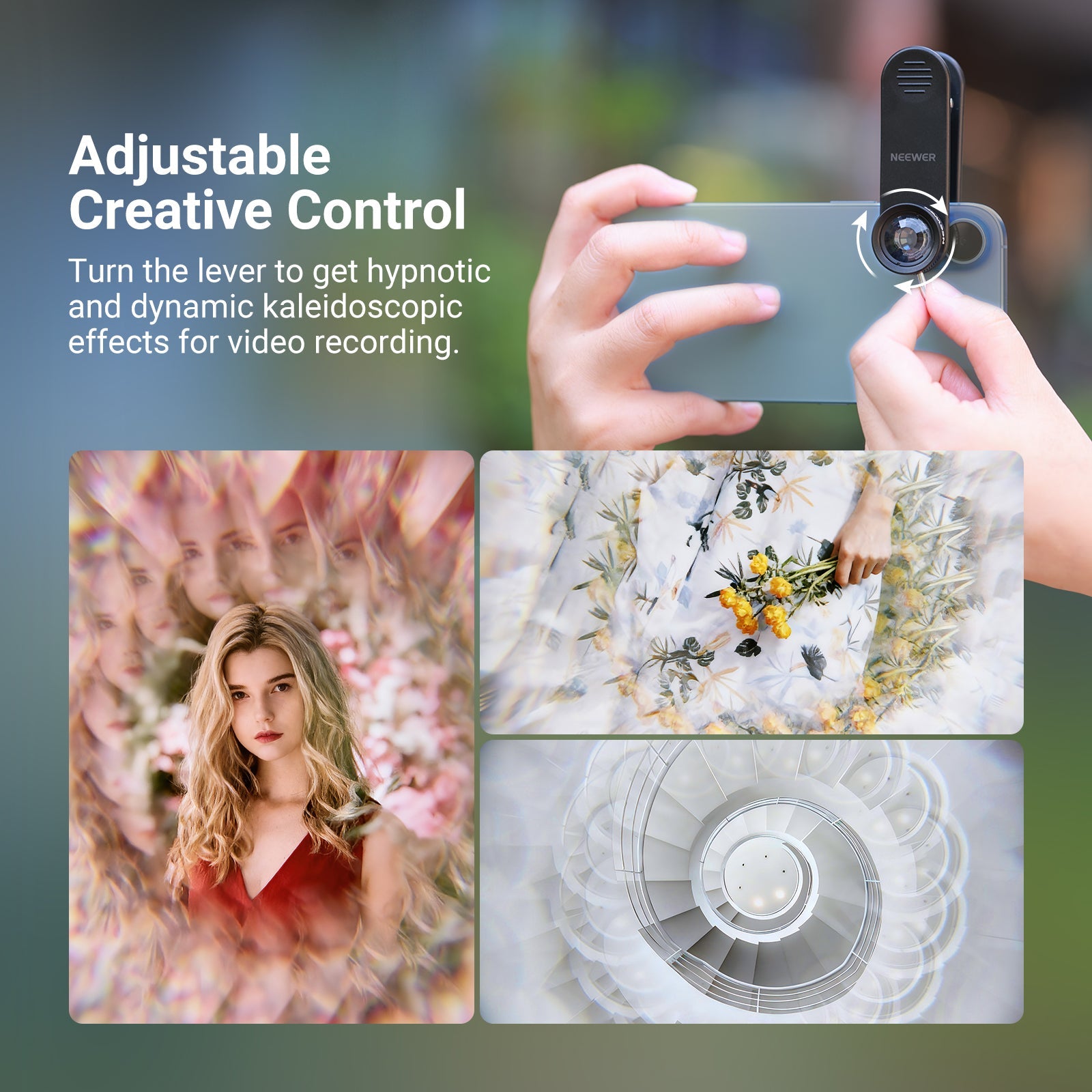 Turn the lever to get hypnotic and dynamic kaleidoscopic effects for video recording
