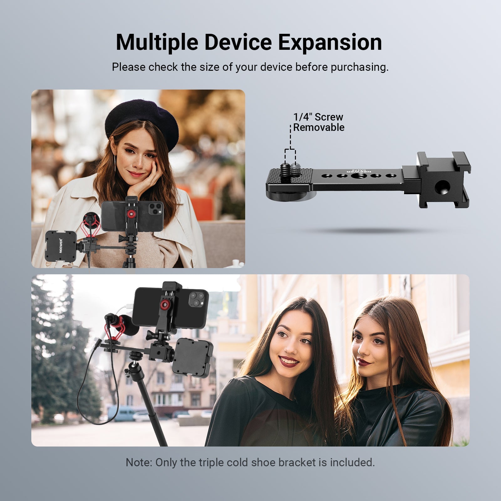 The three girls used NEEWER CA173 Triple Cold Shoe Mount Plate to secure their phones for filming videos.