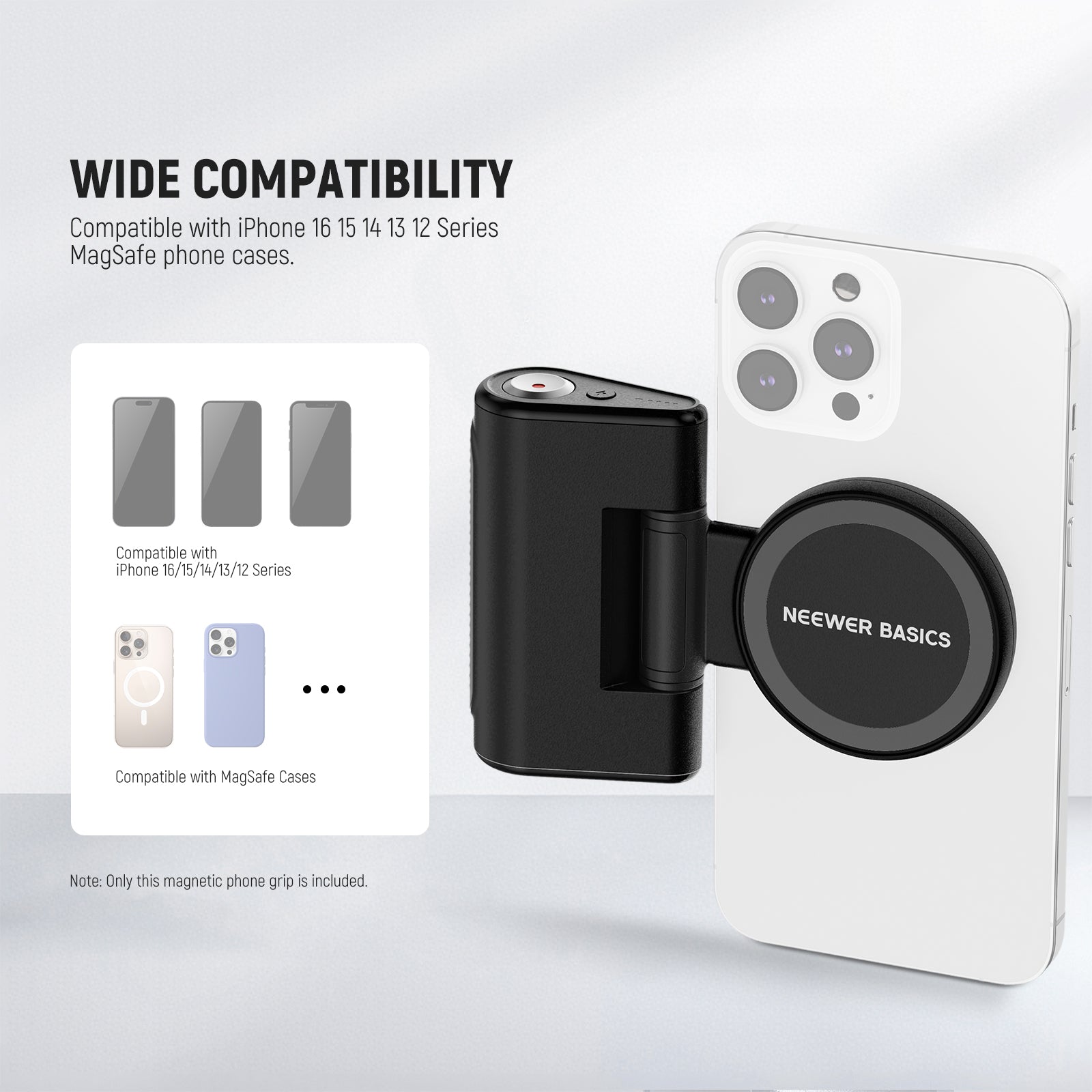 NEEWER WS-25001 phone camera grip is compatible with iPhone 6 15 14 13 12 series MagSafe phone cases.