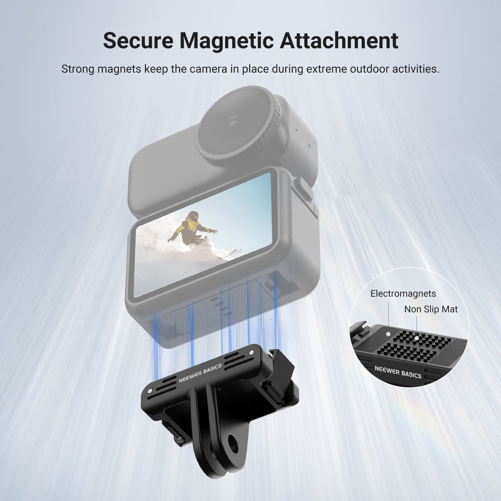 NEEWER AC057 Magnetic Mount Adapter keeps the camera in place during extreme outdoor activities.