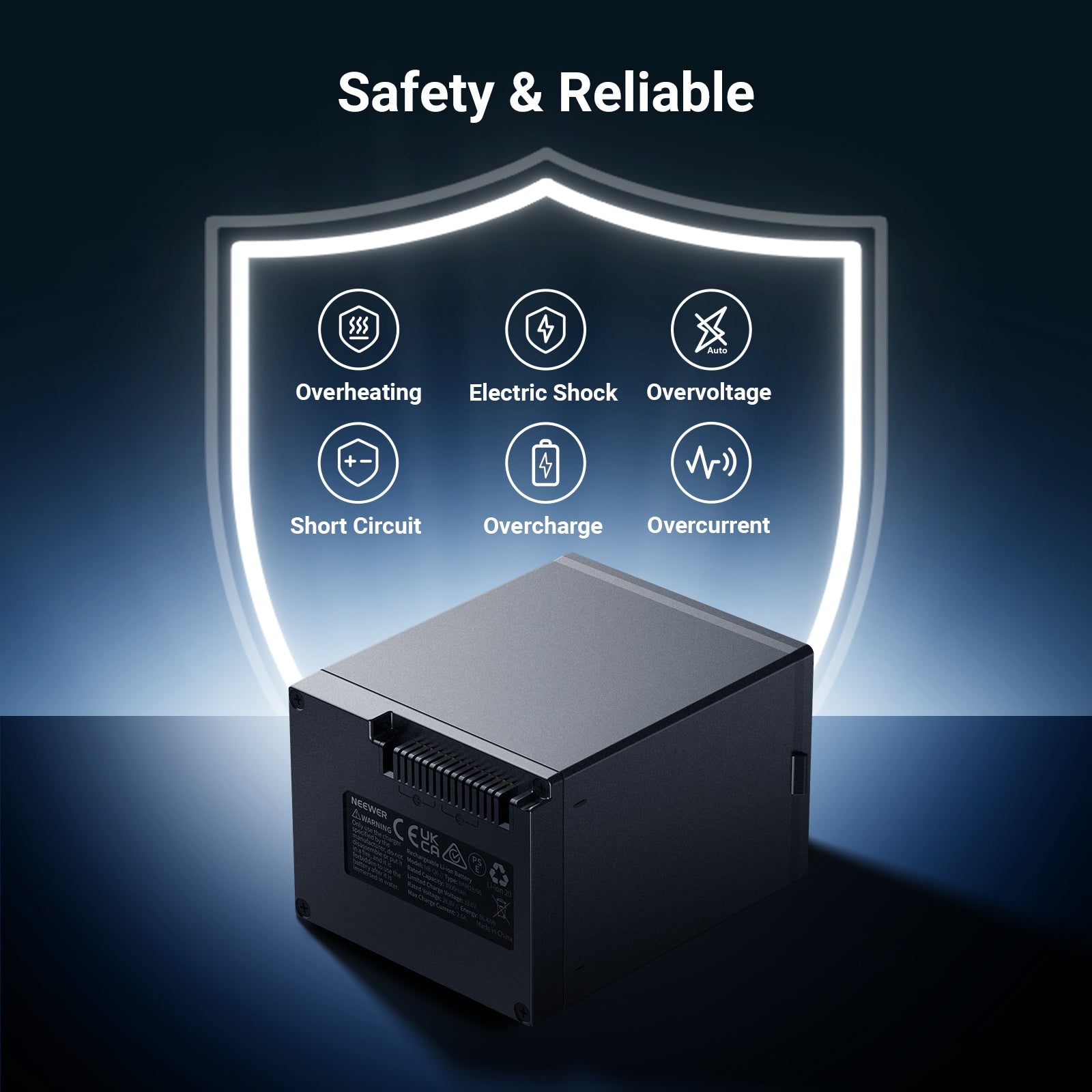NEEWER NB-Q6 Lithium Battery features built in protection against overcharging, overdischarging, overvoltage, overcurrent, and overheating