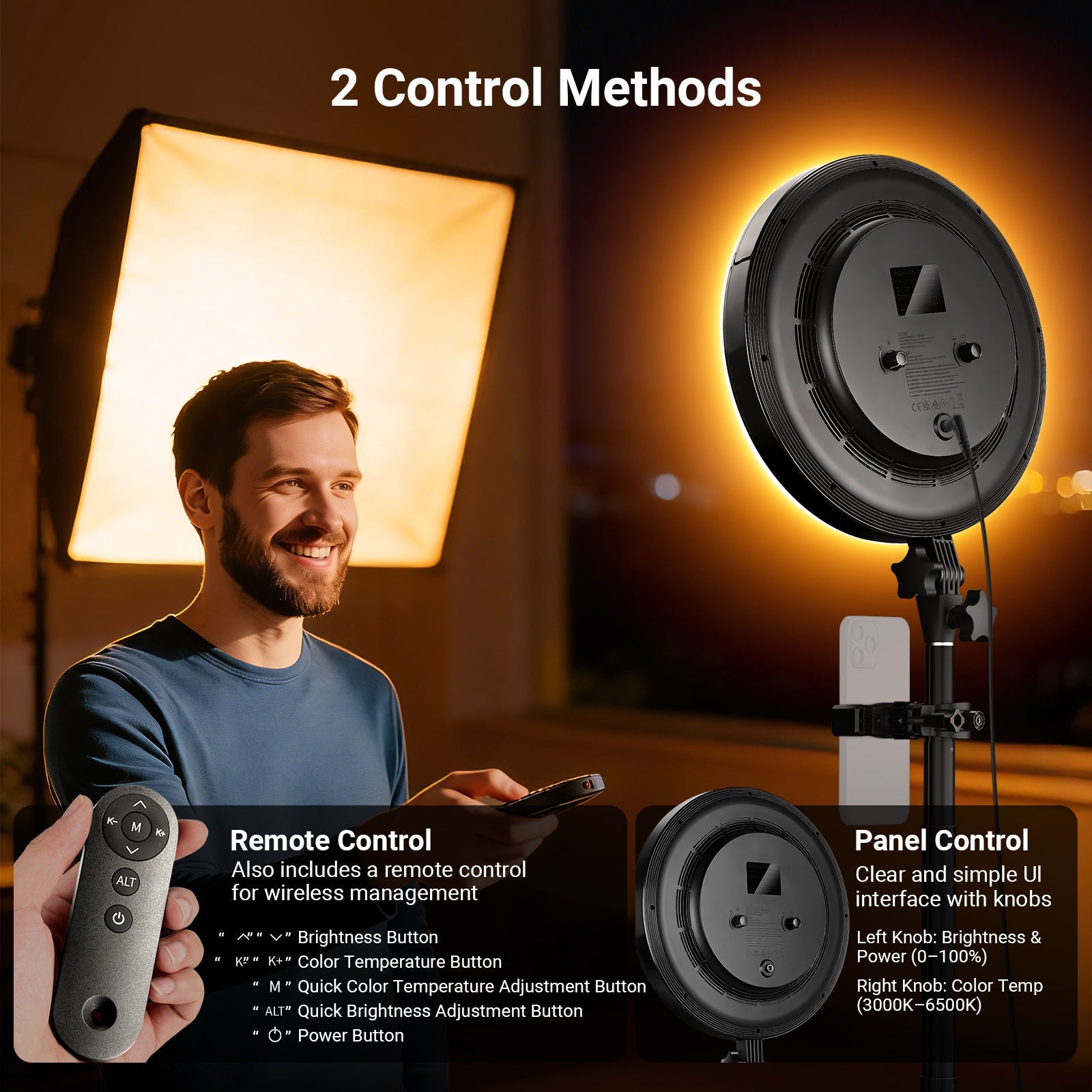 A man is using the remote to control the NEEWER BR45B ring light.