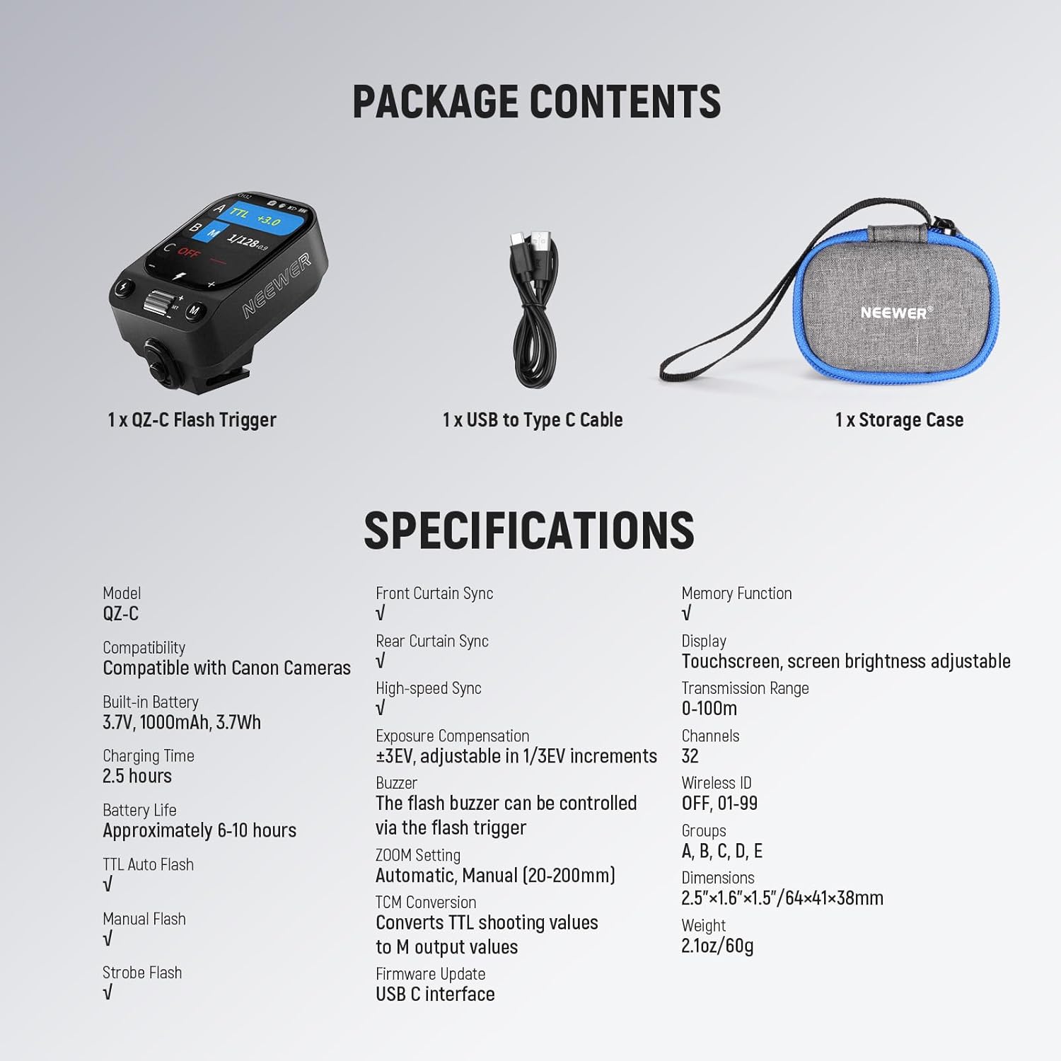 Package Contents of the NEEWER QZ-C Flash Trigger Transmitter for Canon