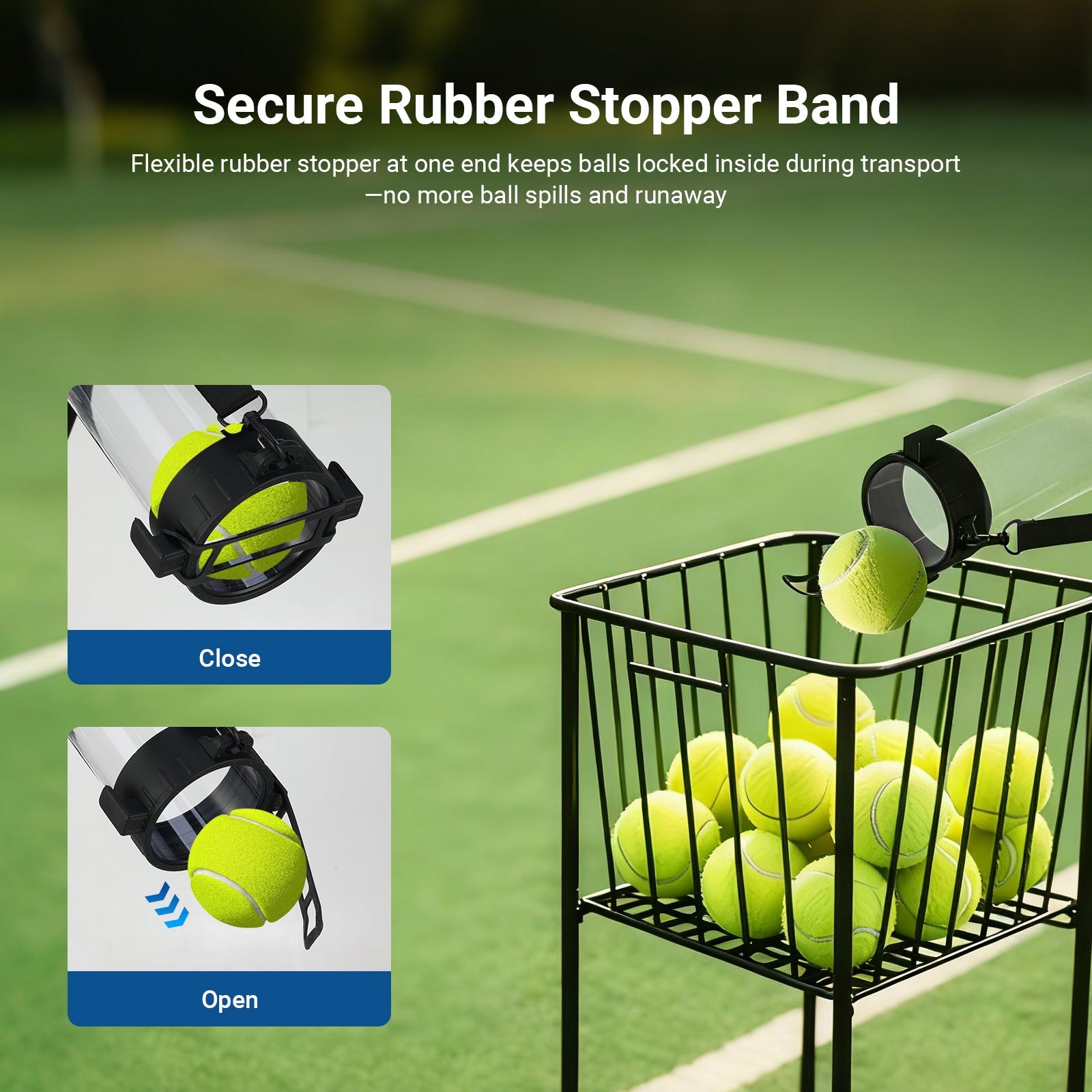 Flexible rubber stopper at one end keeps balls locked inside during transport—no more ball spills and runaway.