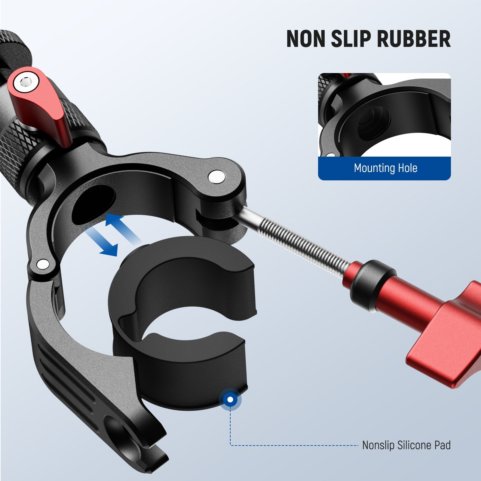 Rubber padded clamp provides slip resistance and a firm grip