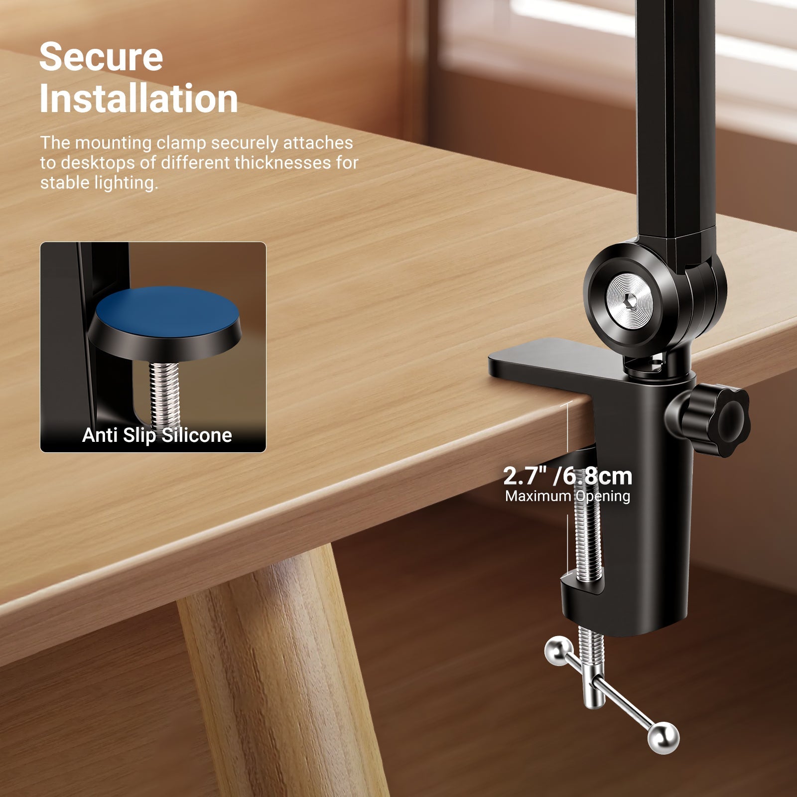 The mounting clamp securely attaches to desktop of different thicknesses for stable lighting.