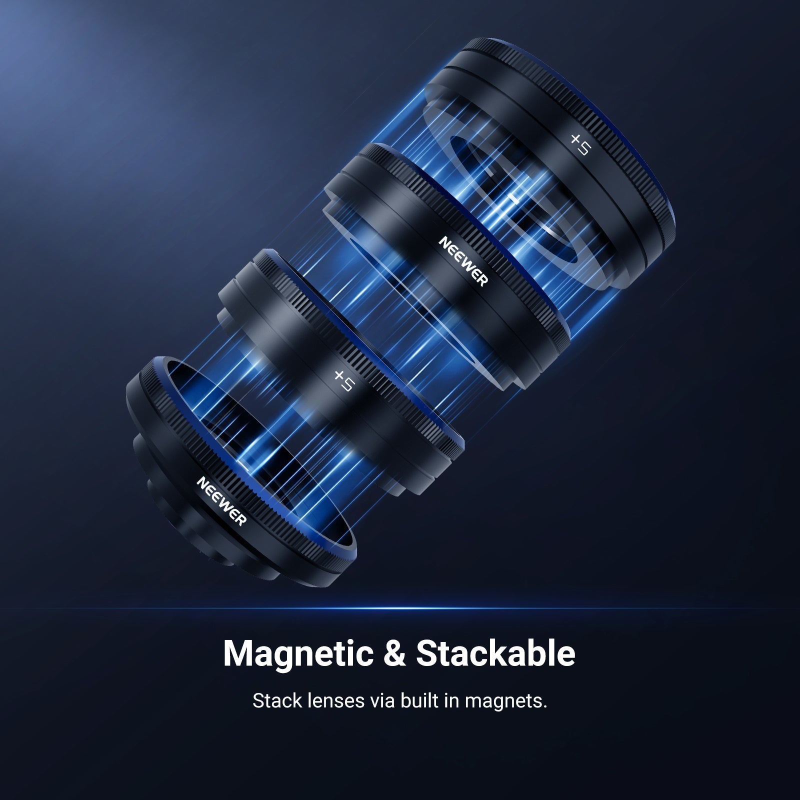Stack lenses via bulit in magnets.