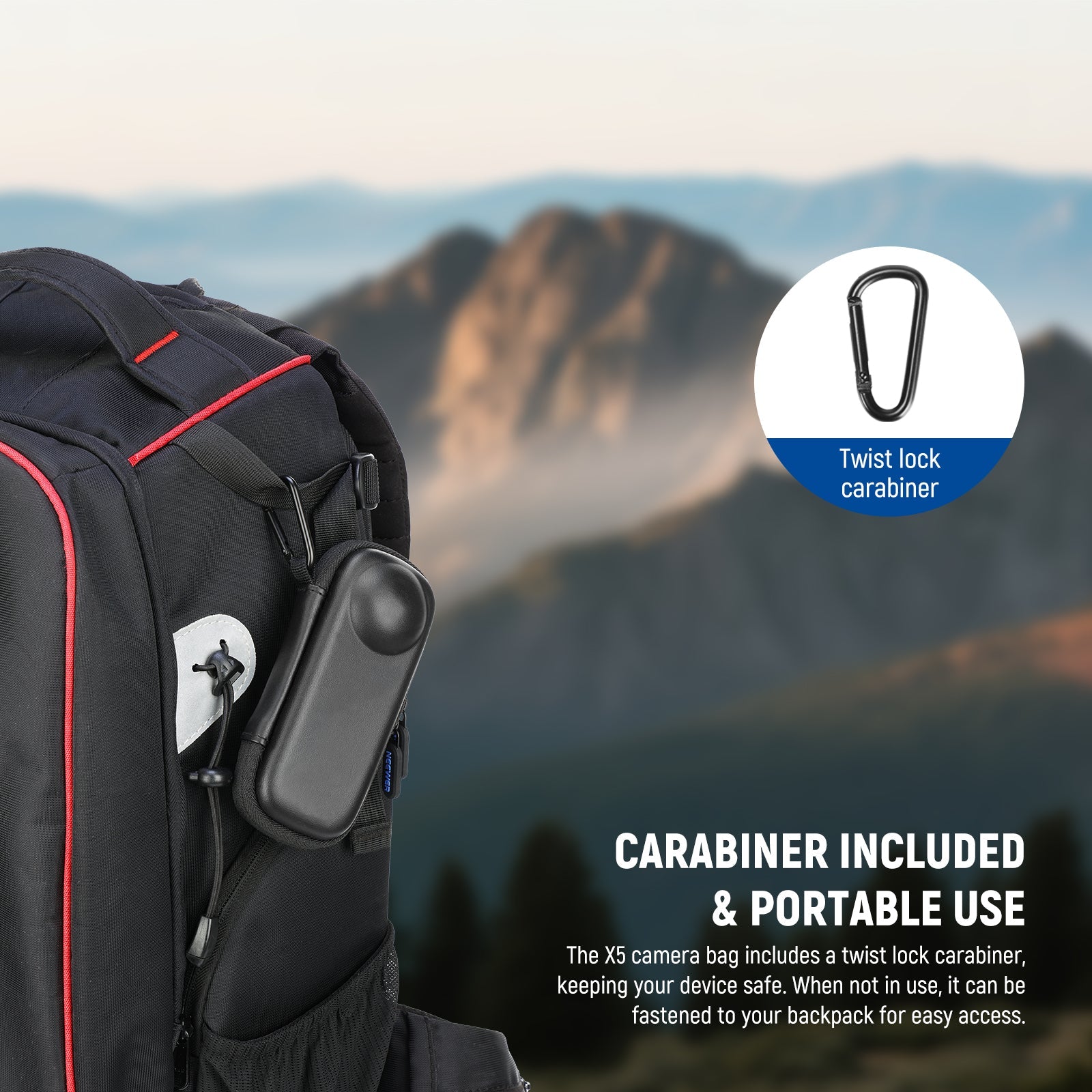 The X5 camera bag includes a twist lock carabiner