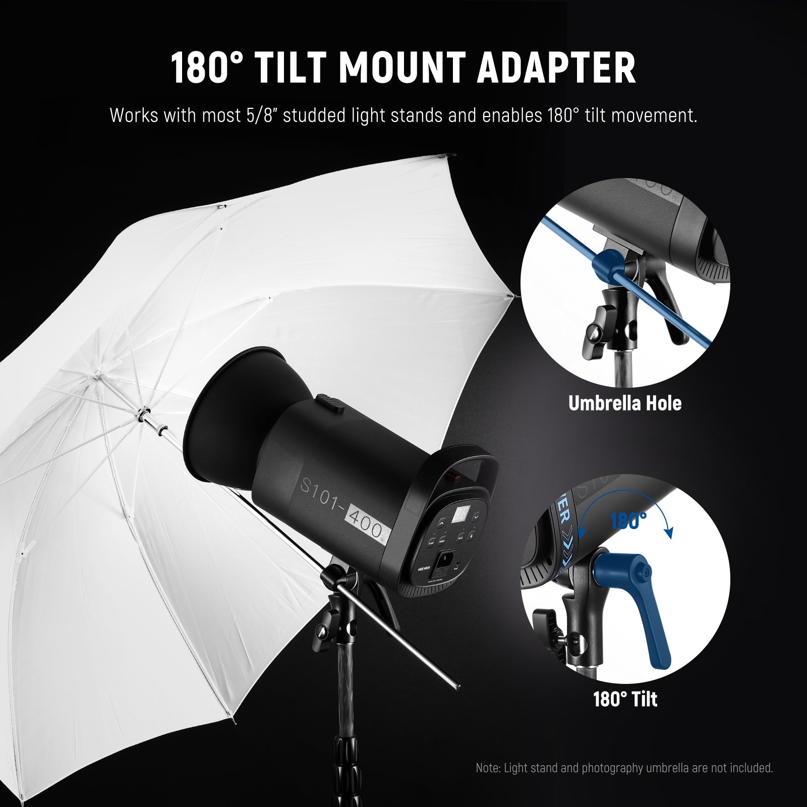 The studio speedlight included enables 180° tilt movement.