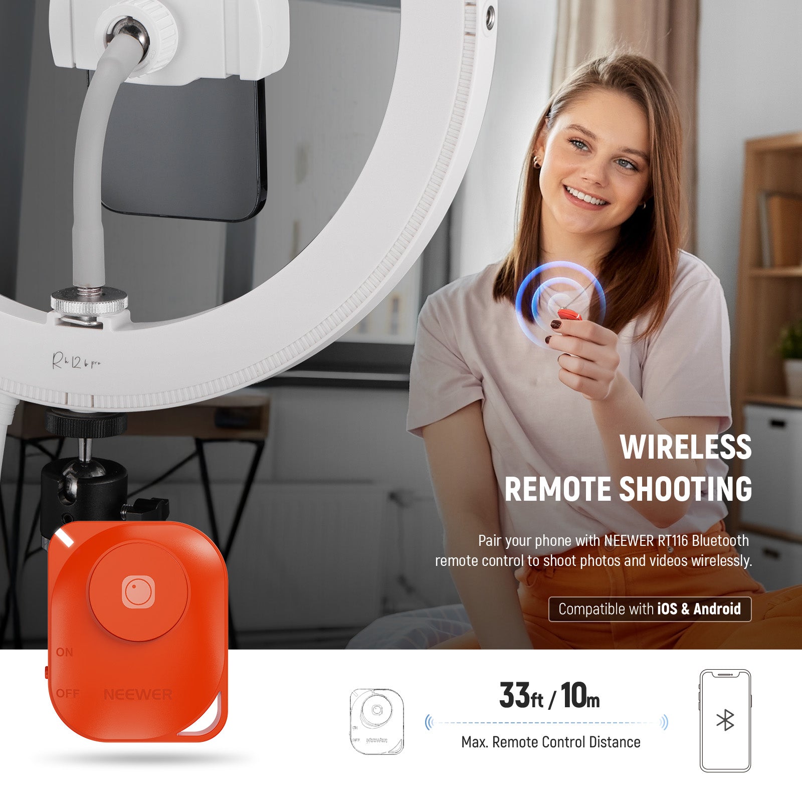 NEEWER RH12B Pro LED Ring Light can be controlled by bluetooth remote.