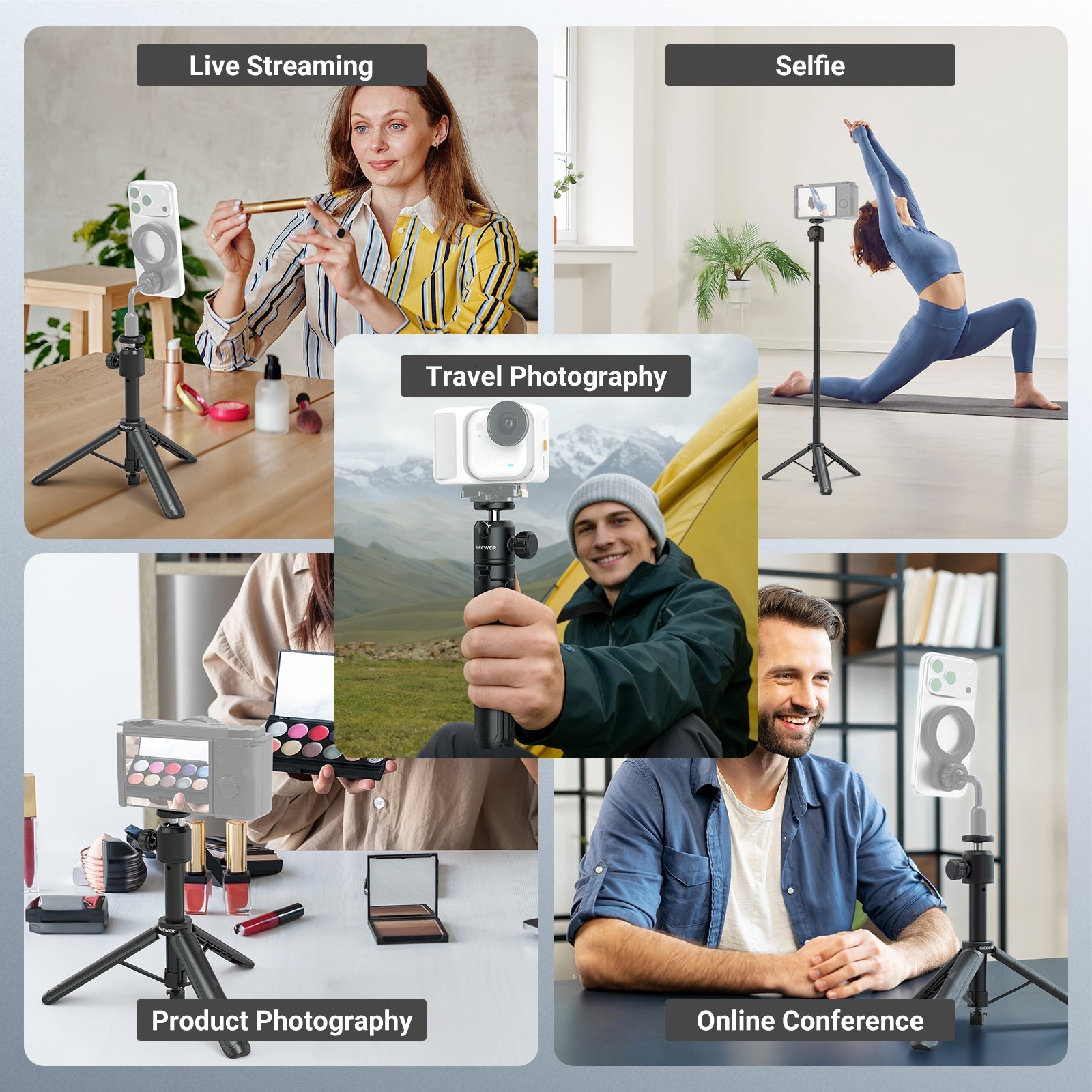 NEEWER DT001 All in One Extendable Selfie Stick Tripod is ideal for live streaming, selfies, product photography, an online conferences.