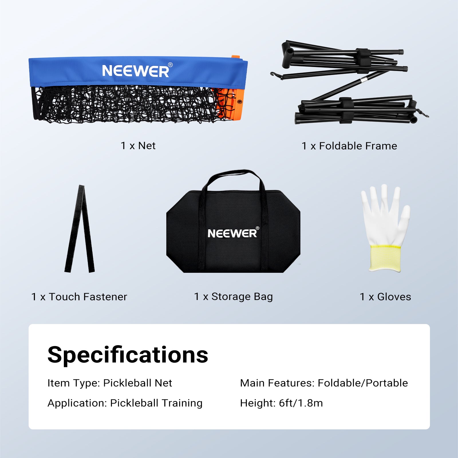 This package includes a net, a foldable frame, a storage bag, a touch fastener, and gloves.