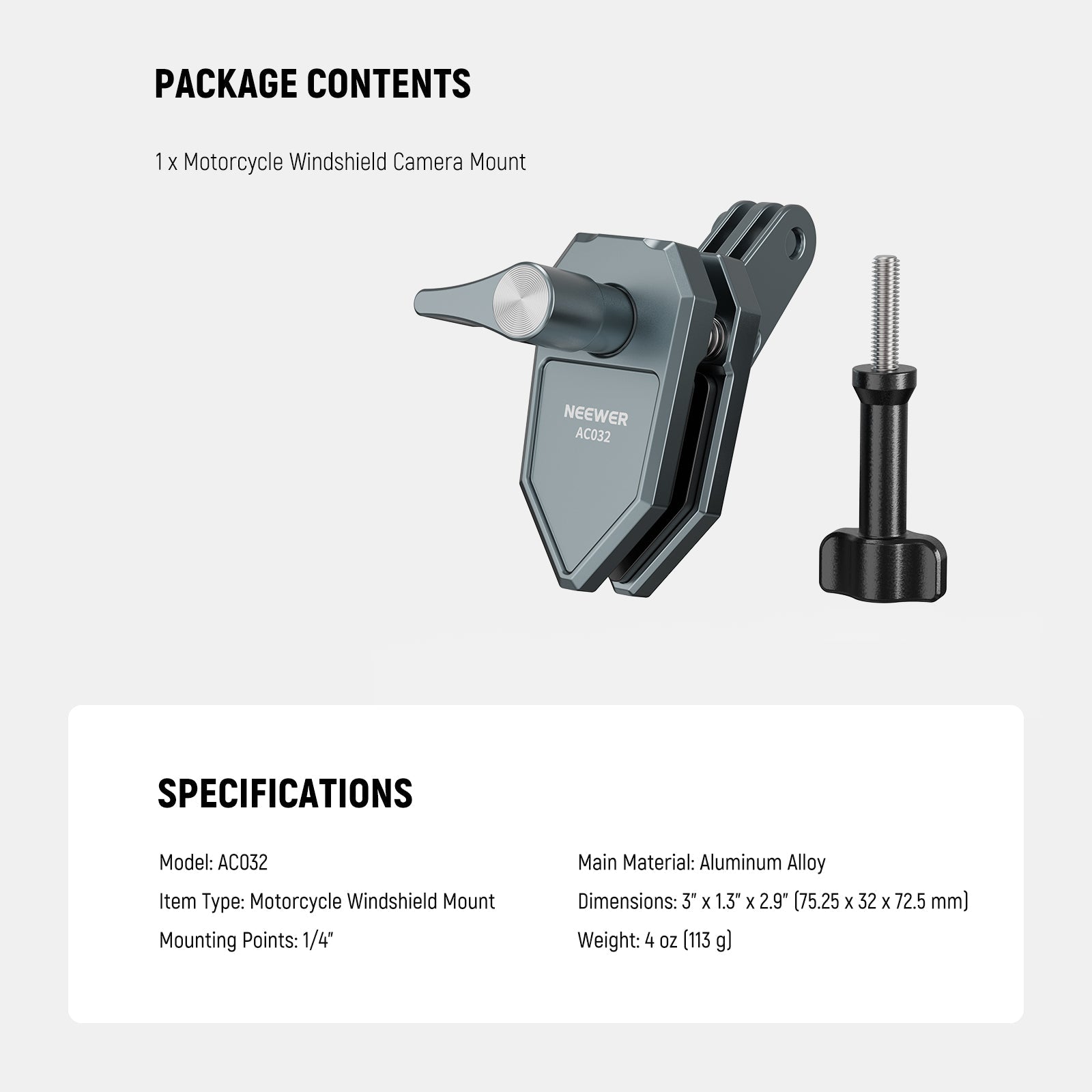 Specifications of the NEEWER AC032 Motorcycle Windshield Camera Clamp Mount