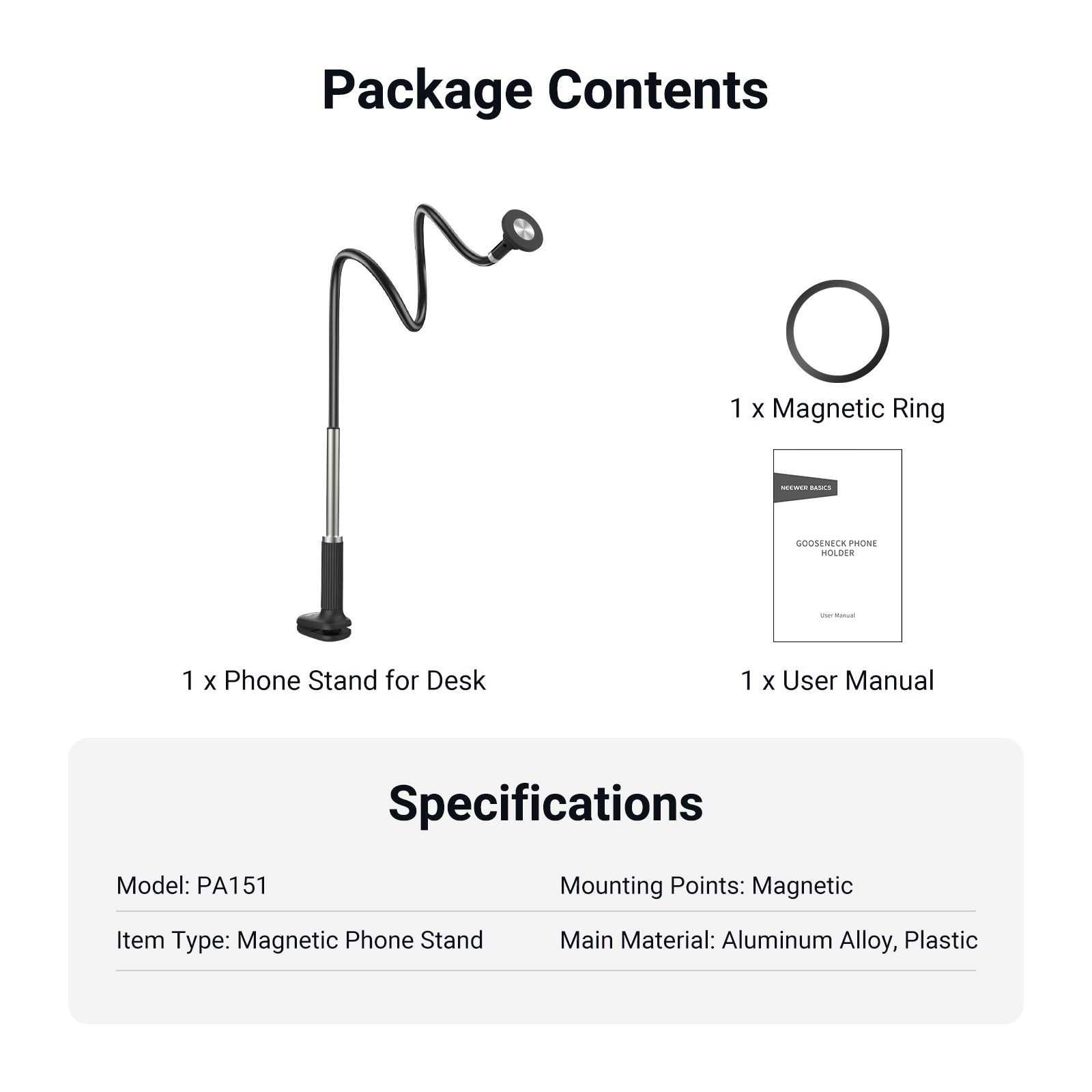 This package includes a phone stand for the desk and a magnetic ring.