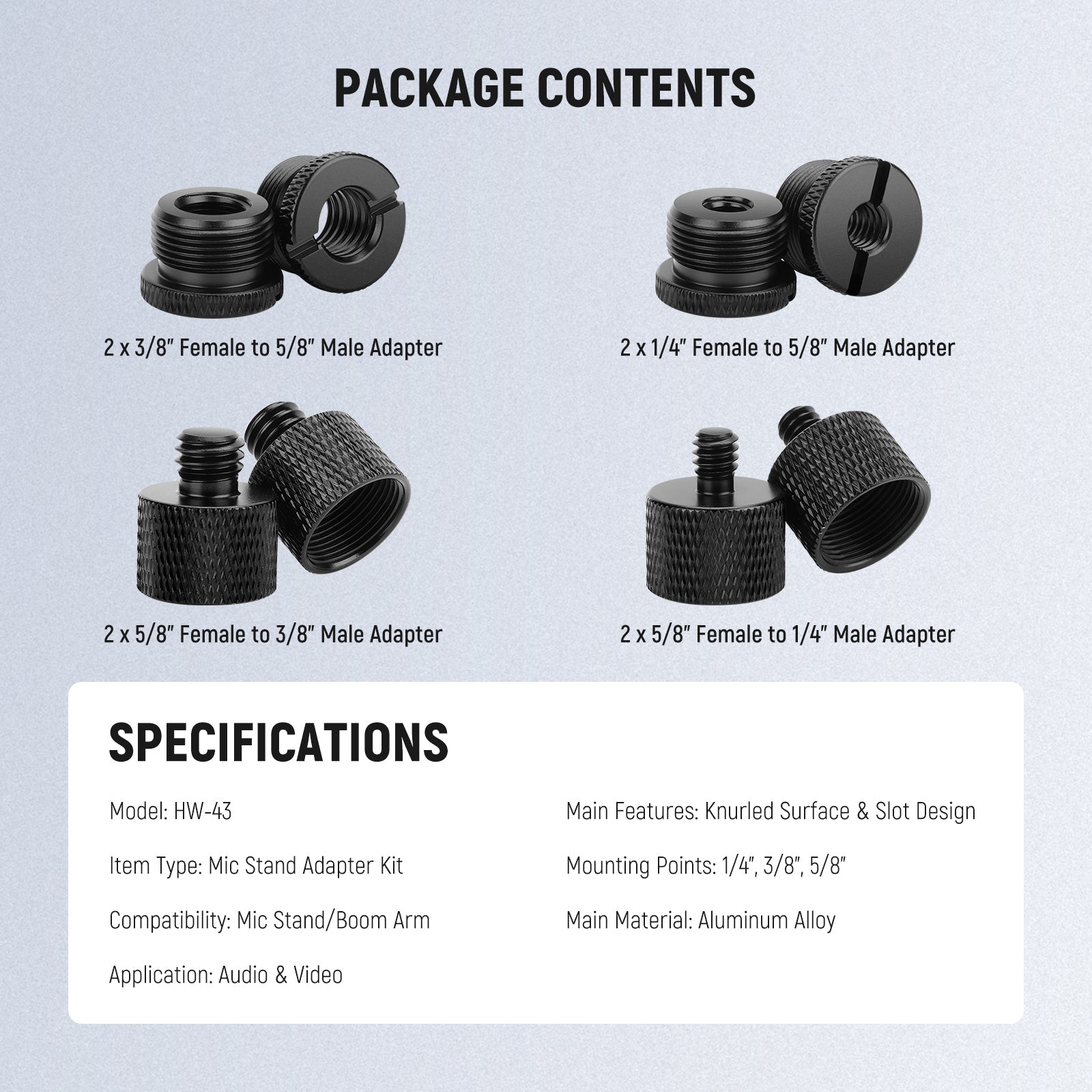 Package Contents of the NEEWER HW-43 8 Packs Mic Stand Adapter Accessories Kit