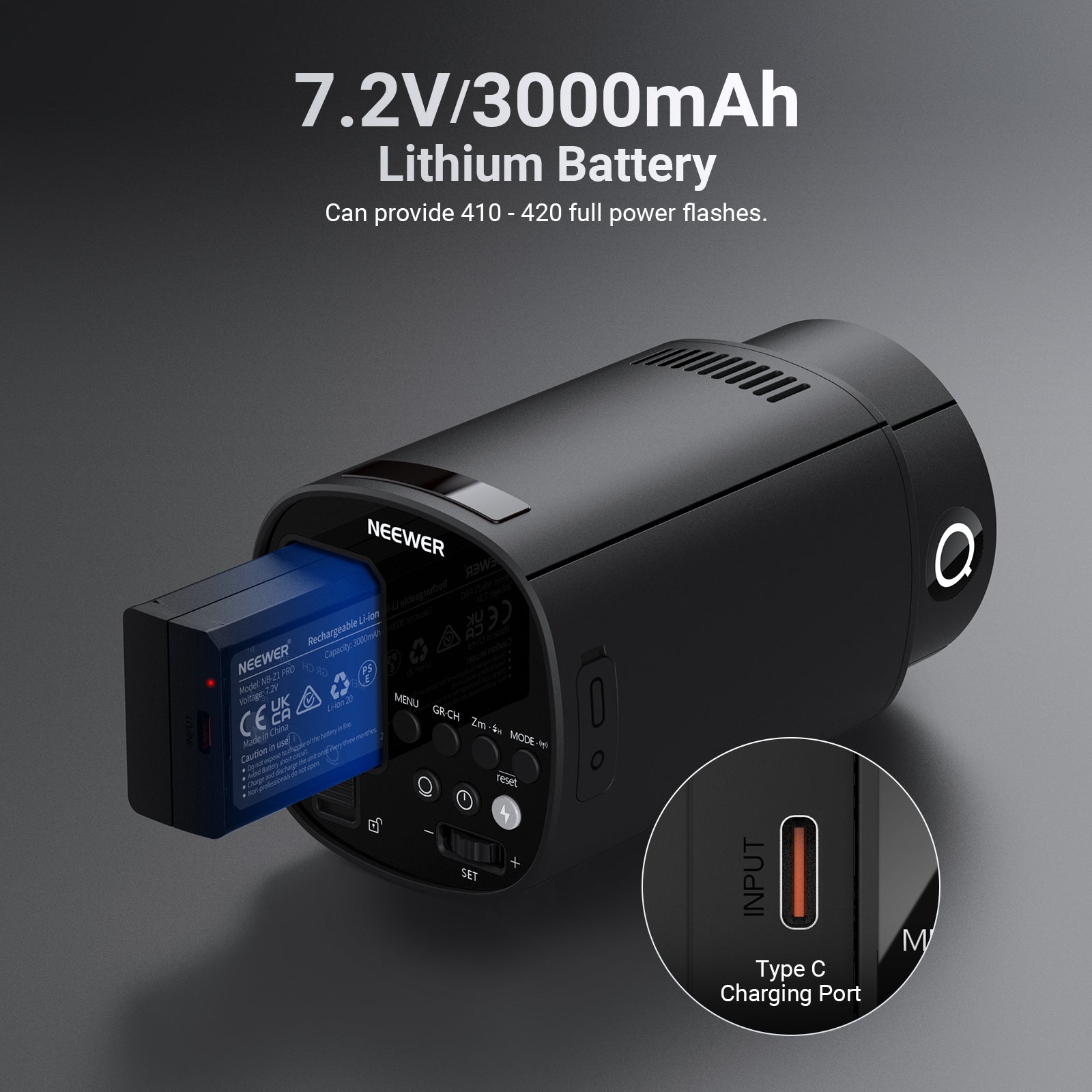 The mini external off camera flash provides 410-420 full power flashes
