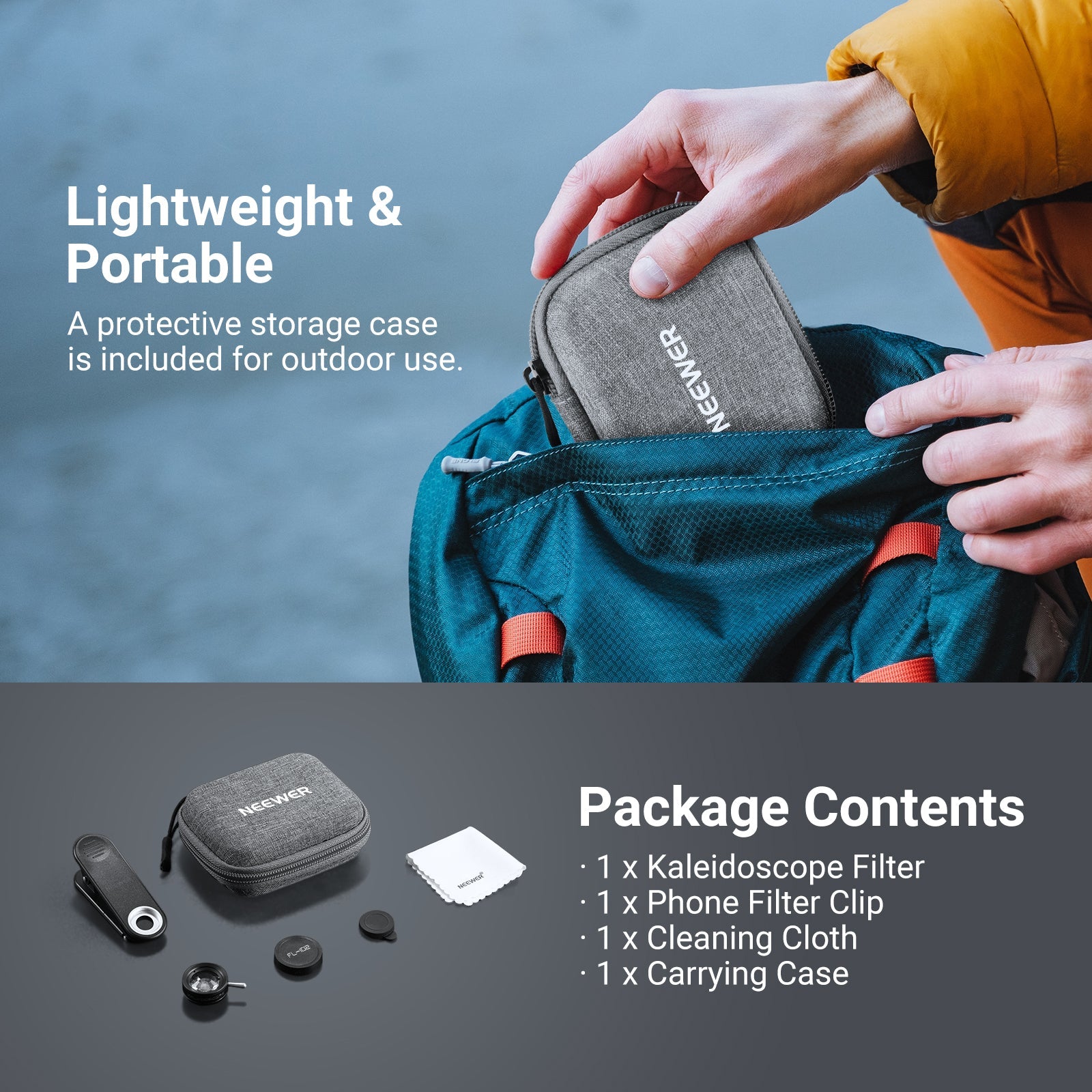 This package includes a kaleidoscope filter, a phone filter clip, a cleaning cloth, and a carrying case.