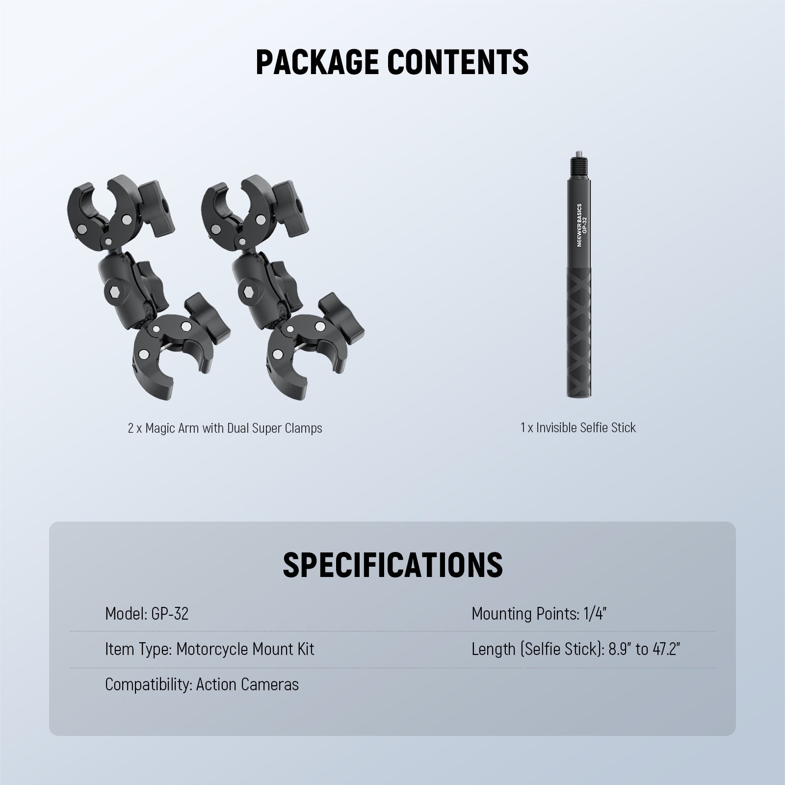 Specifications of the NEEWER GP-32 Motorcycle & Bike Mount Accessories Kit