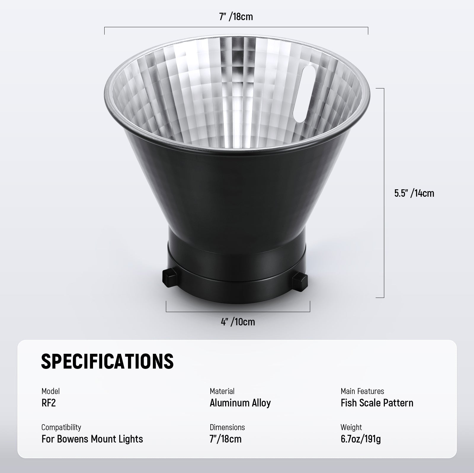 Specifications of the NEEWER RF1 Fish Scale Pattern Standard Reflector Diffuser
