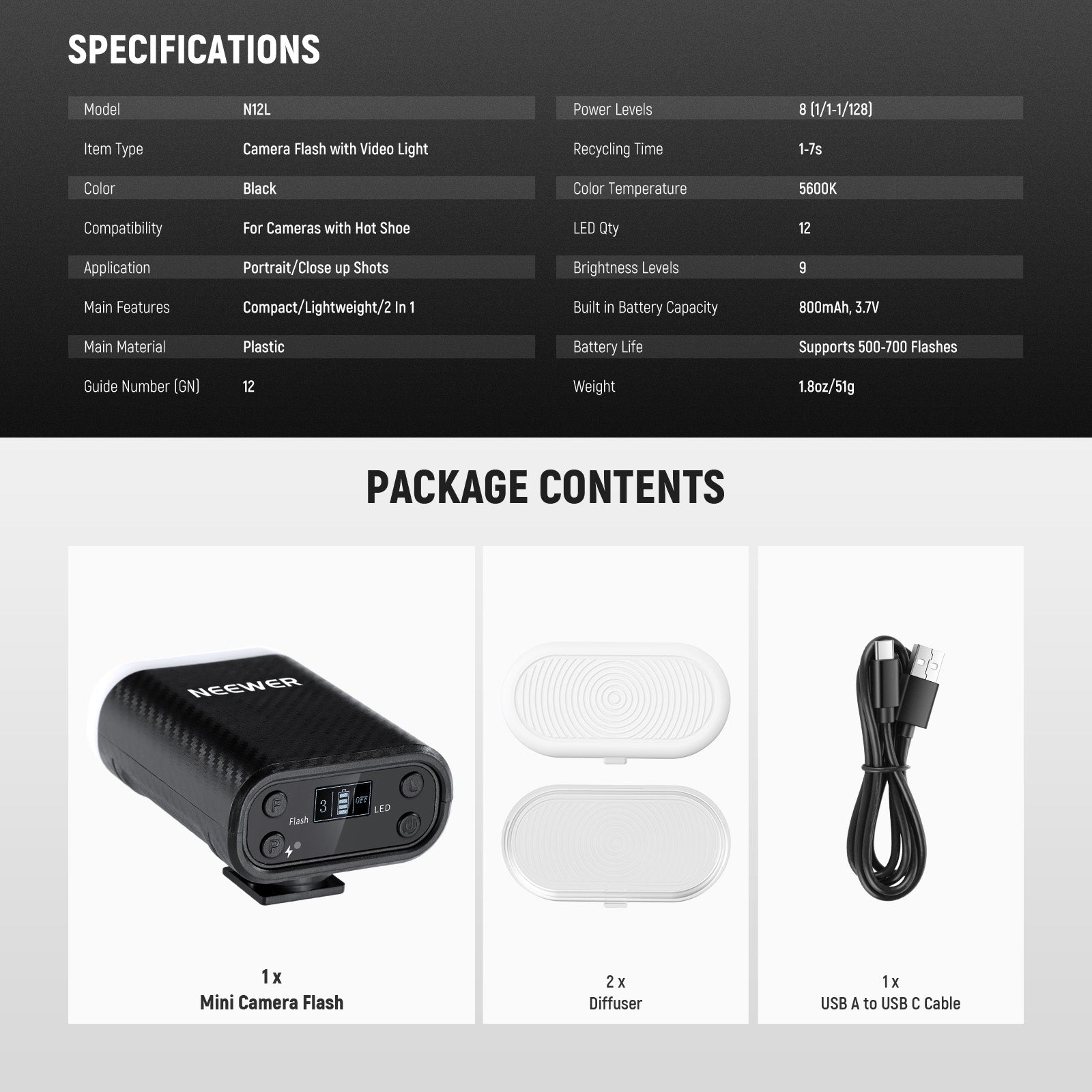 Package Contents of the NEEWER N12L Mini Camera Flash with Video Light kit