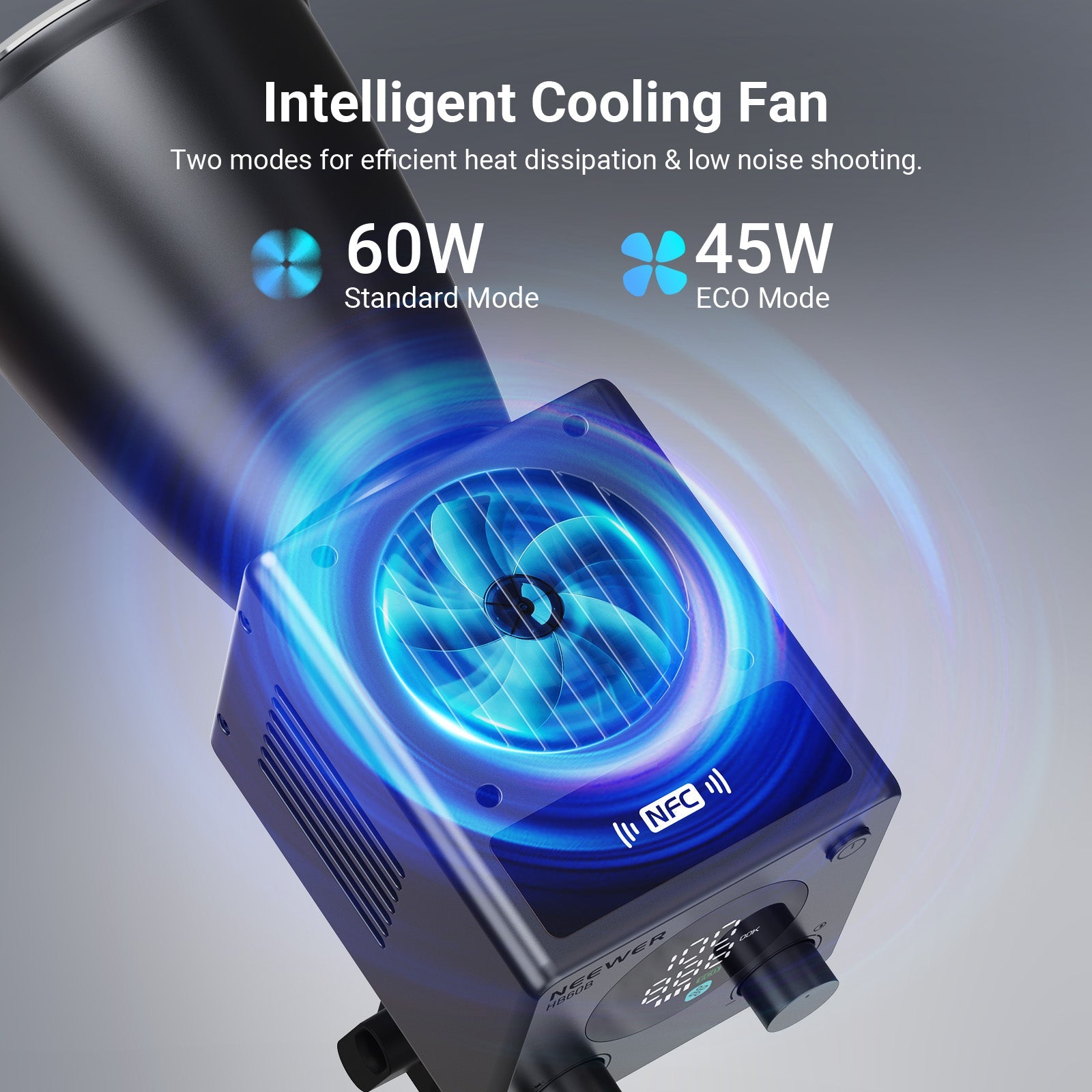 The studio light equipment for camera & photo lighting features temperature controlled fan with 2 modes for efficient heat dissipation.